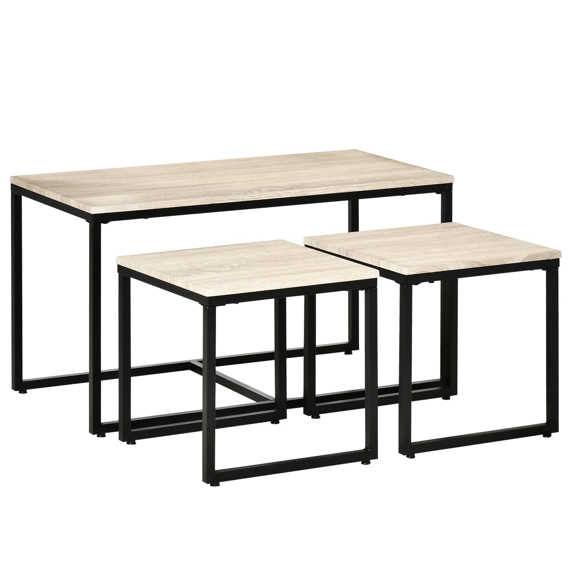 Modern Nesting Coffee Table Set, 3-Piece, Black Metal Frame, Natural Wood Grain