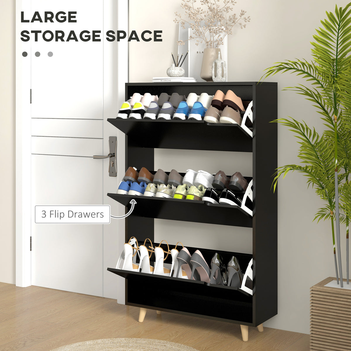 Slim Shoe Storage Cabinet with 3 Flip Drawers – 28"W x 47"H