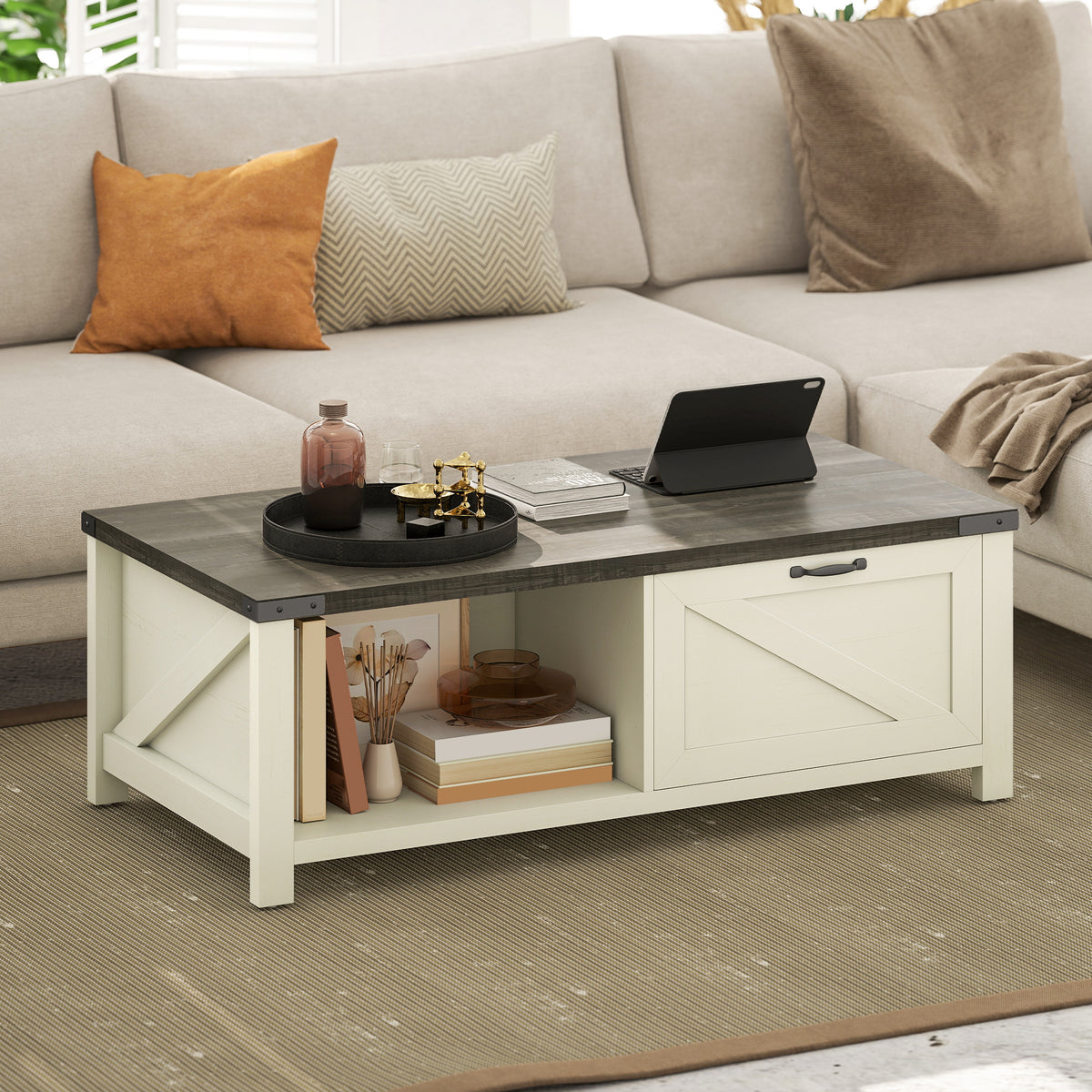 Farmhouse Coffee Table with Barn-Door Drawer and Open Shelf, Distressed White