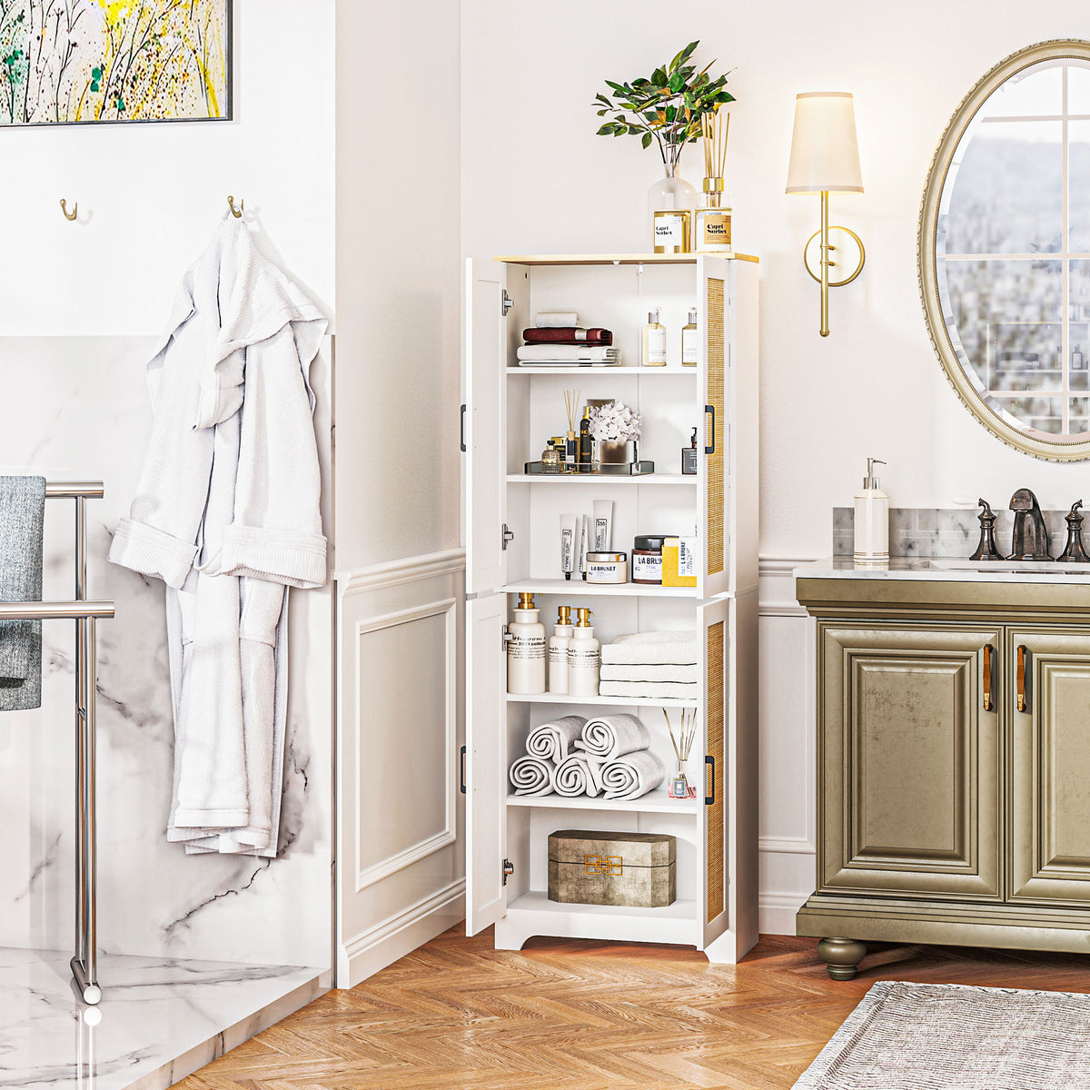 Tall Kitchen Pantry with 4 Rattan Doors and Adjustable Shelves – 24"W x 67"H