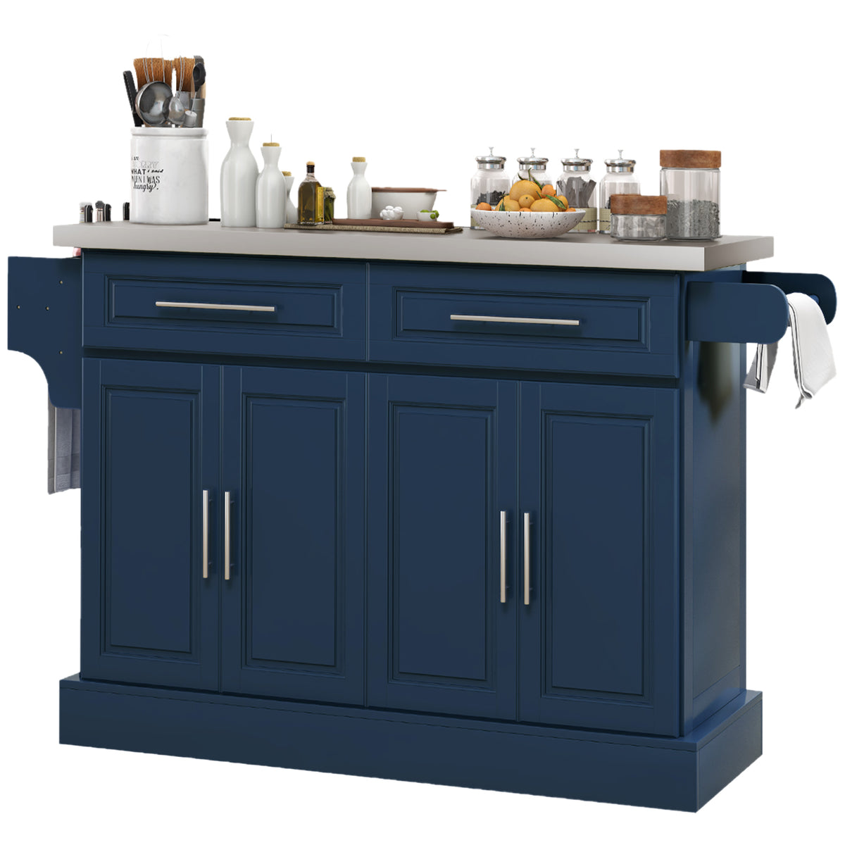 Rolling Kitchen Island with Stainless Steel Top – 57"W x 37"H