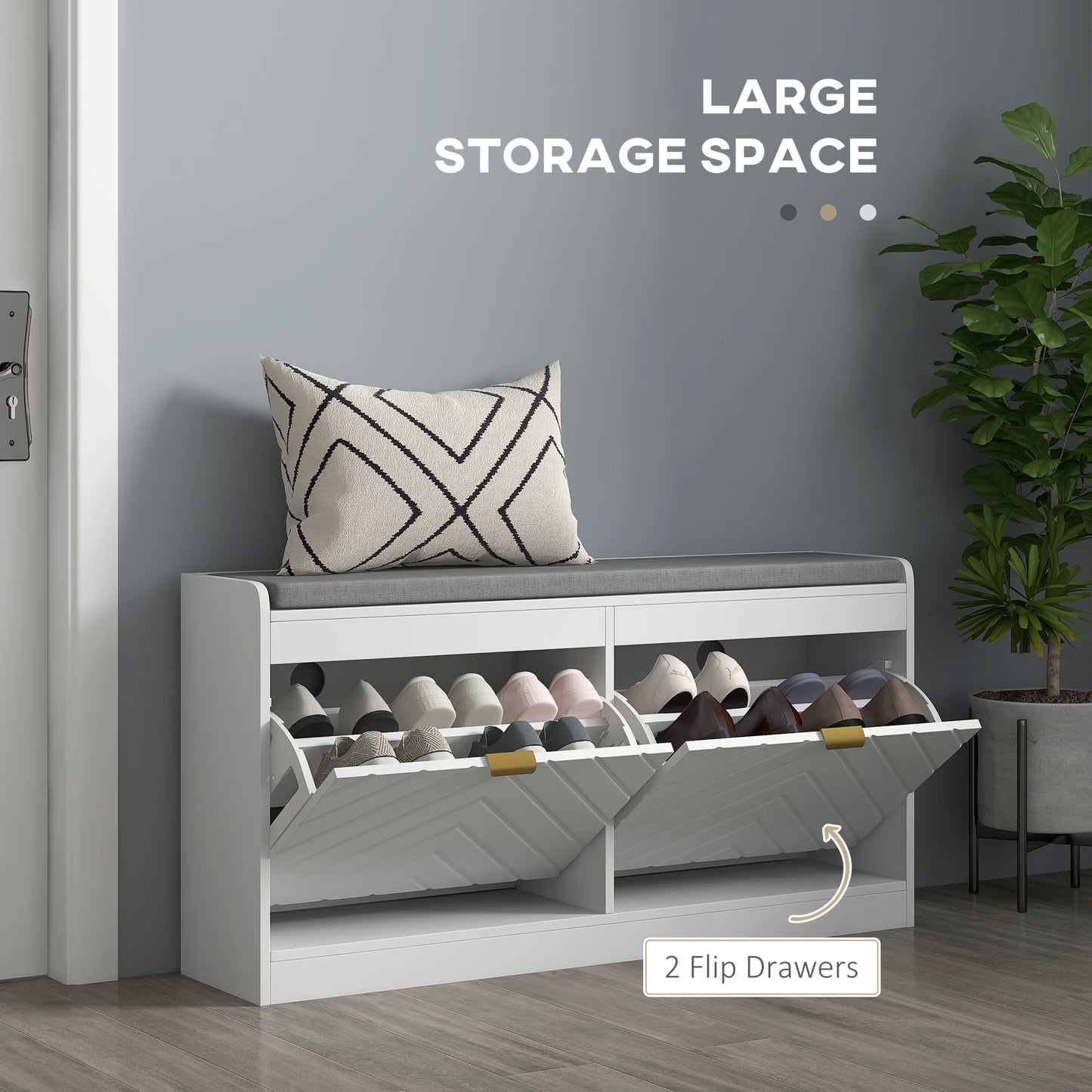 Shoe Storage with Seat, Upholstered Hallway Bench, Shoe Bench with 2 Flip Drawers and 4 Vents for 8 Pairs of Shoes
