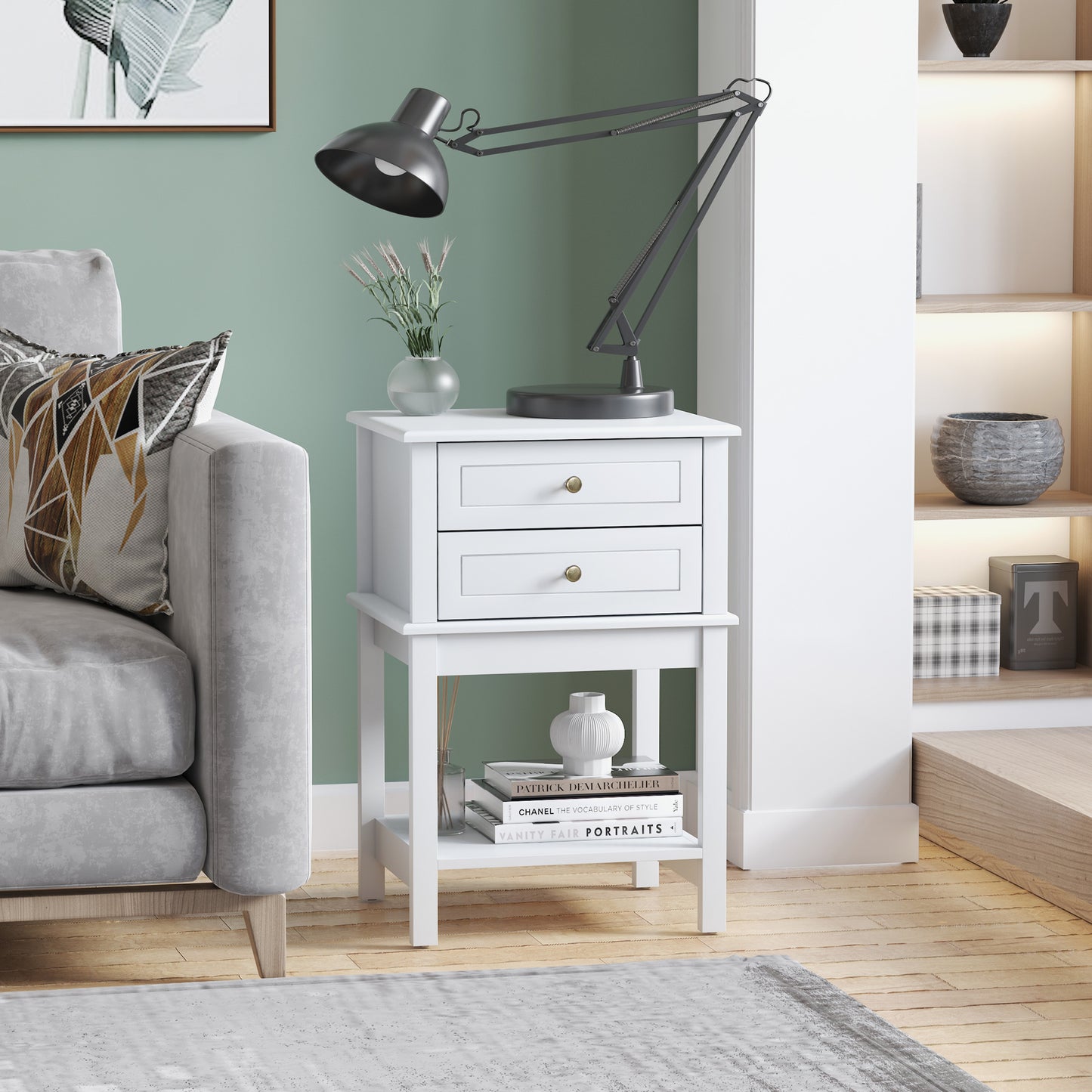 Modern White Nightstand End Table with Drawers and Storage Shelf