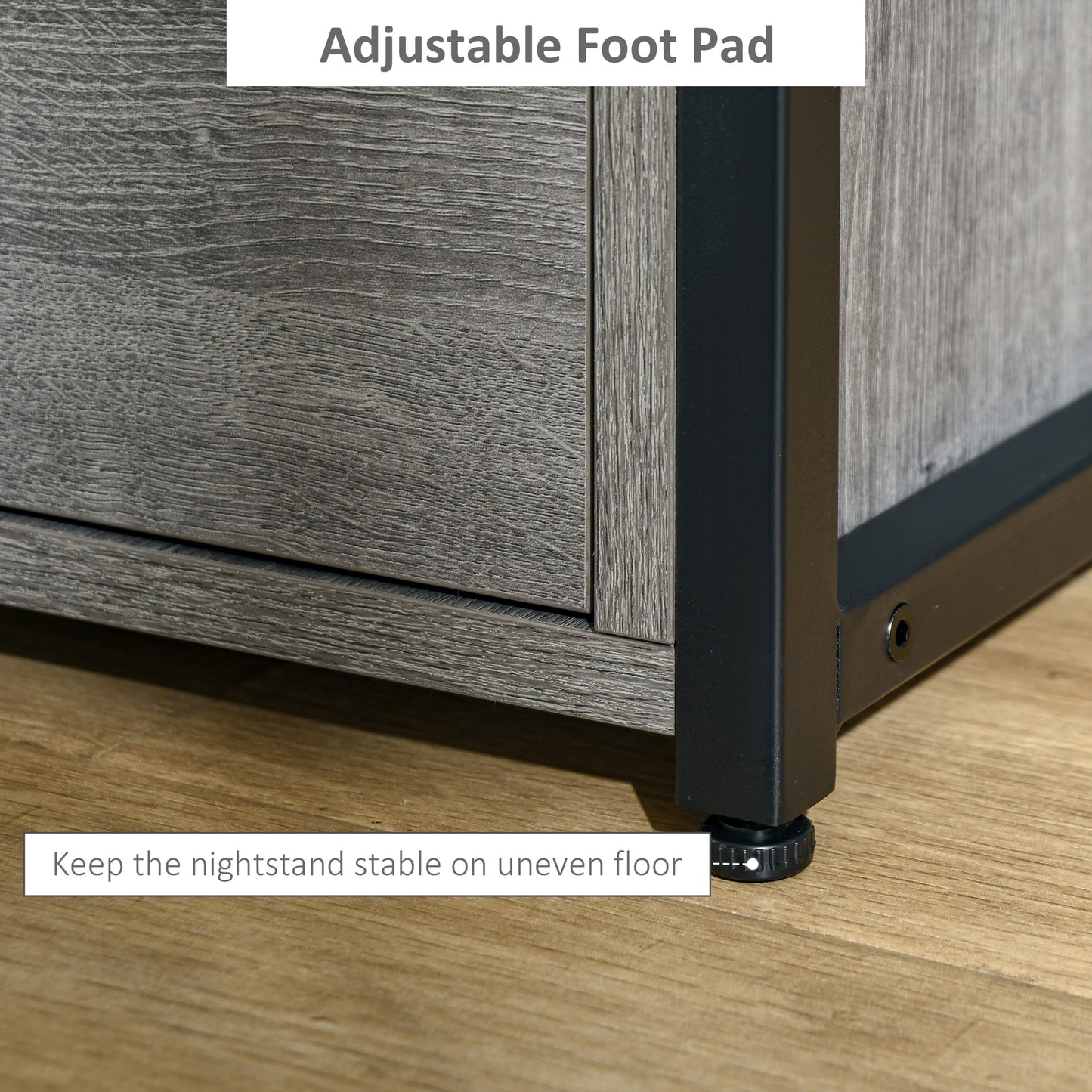 HOMCOM Industrial Grey Nightstand Side Table, 2 Drawers, Open Storage Shelf, Metal Frame