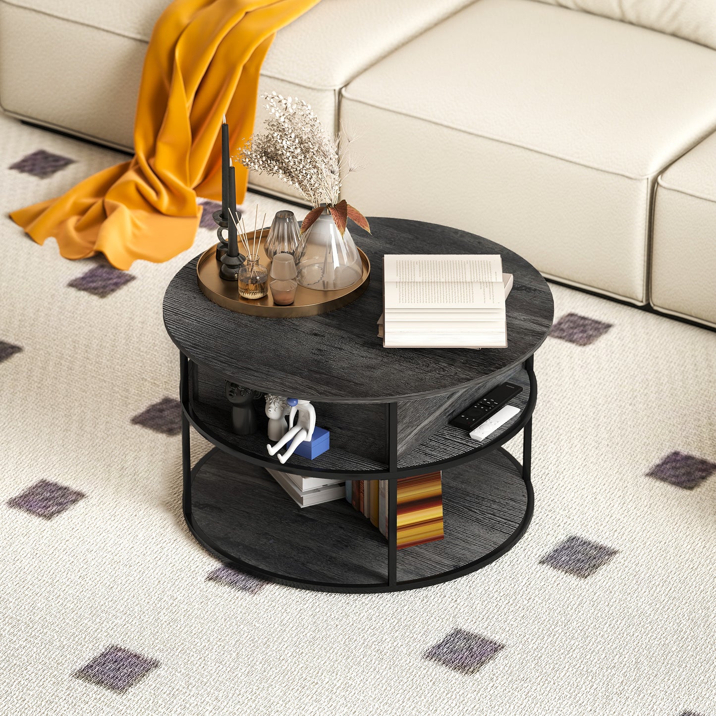 HOMCOM Round Lift Top Coffee Table with Hidden Storage & Steel Frame