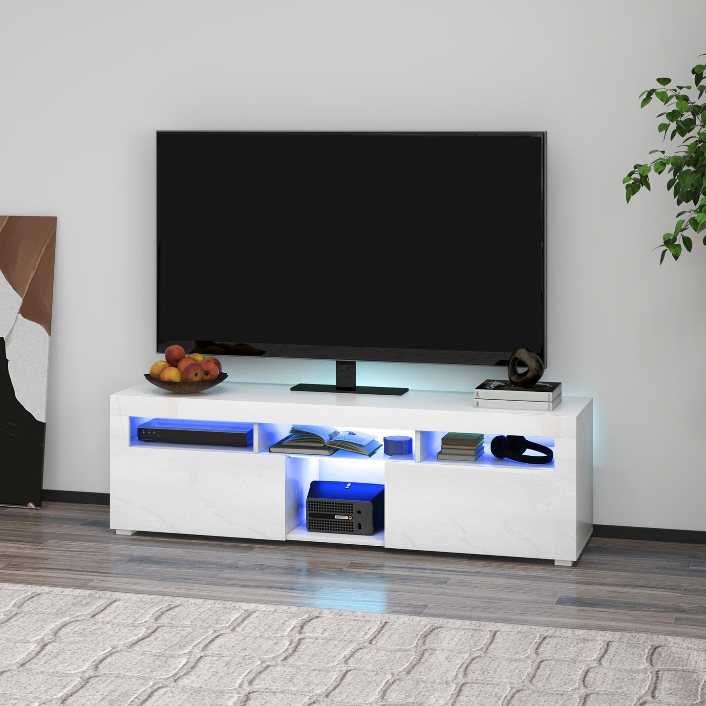 HOMCOM Modern White TV Stand with LED Lights, Storage, Open Compartments