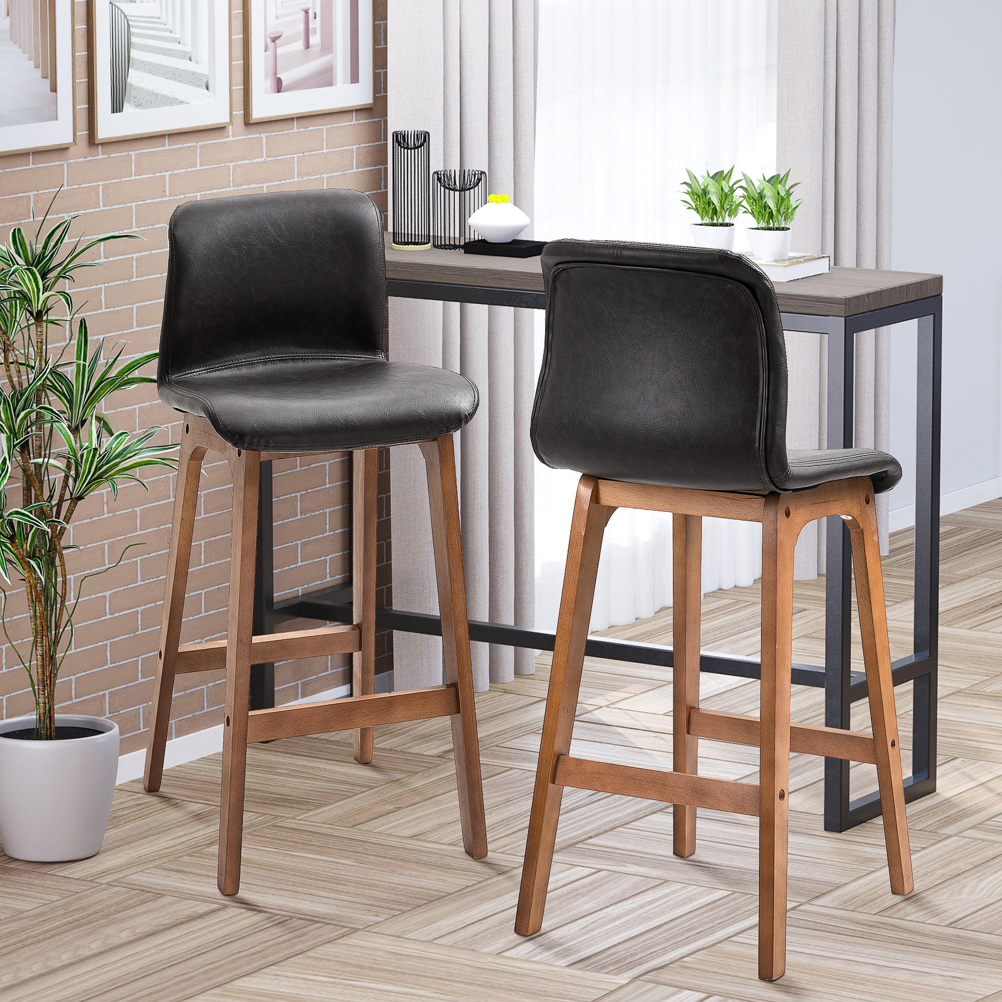 HOMCOM Modern Counter Height Bar Stools, Brown Faux Leather, Two-Piece Set