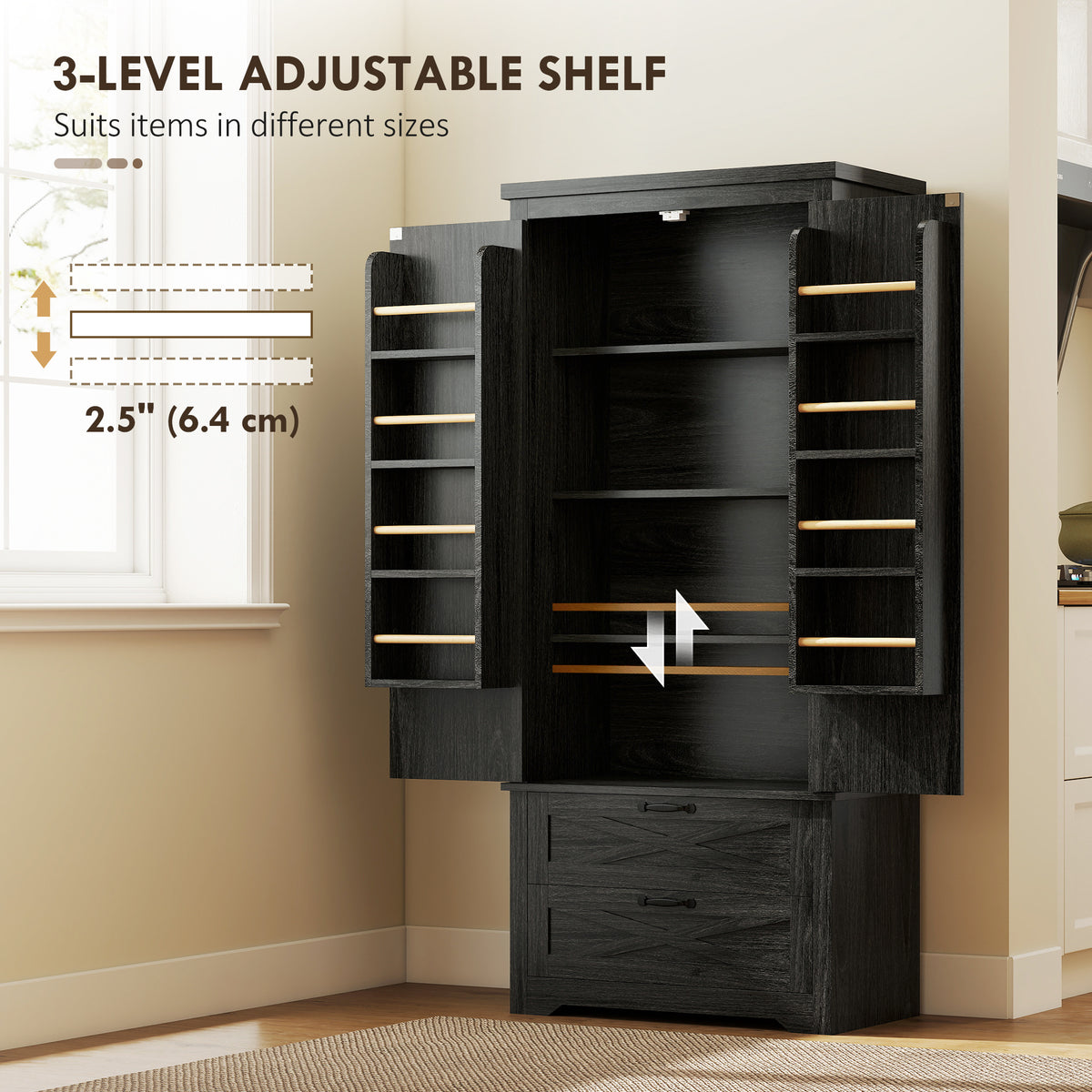 Freestanding Kitchen Pantry Cabinet with Drawers – 29"W x 64"H