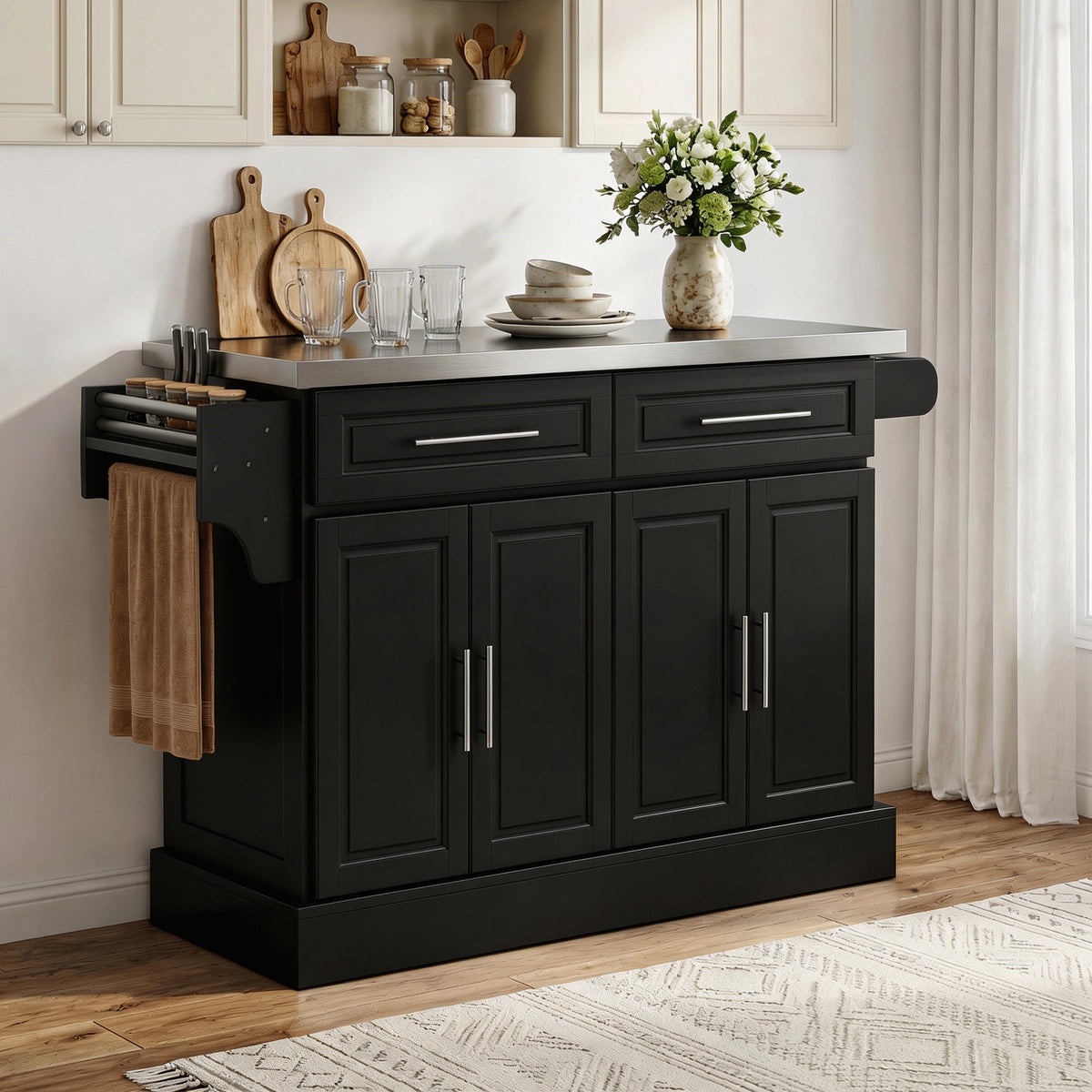 Rolling Kitchen Island with Stainless Steel Top – 57"W x 37"H