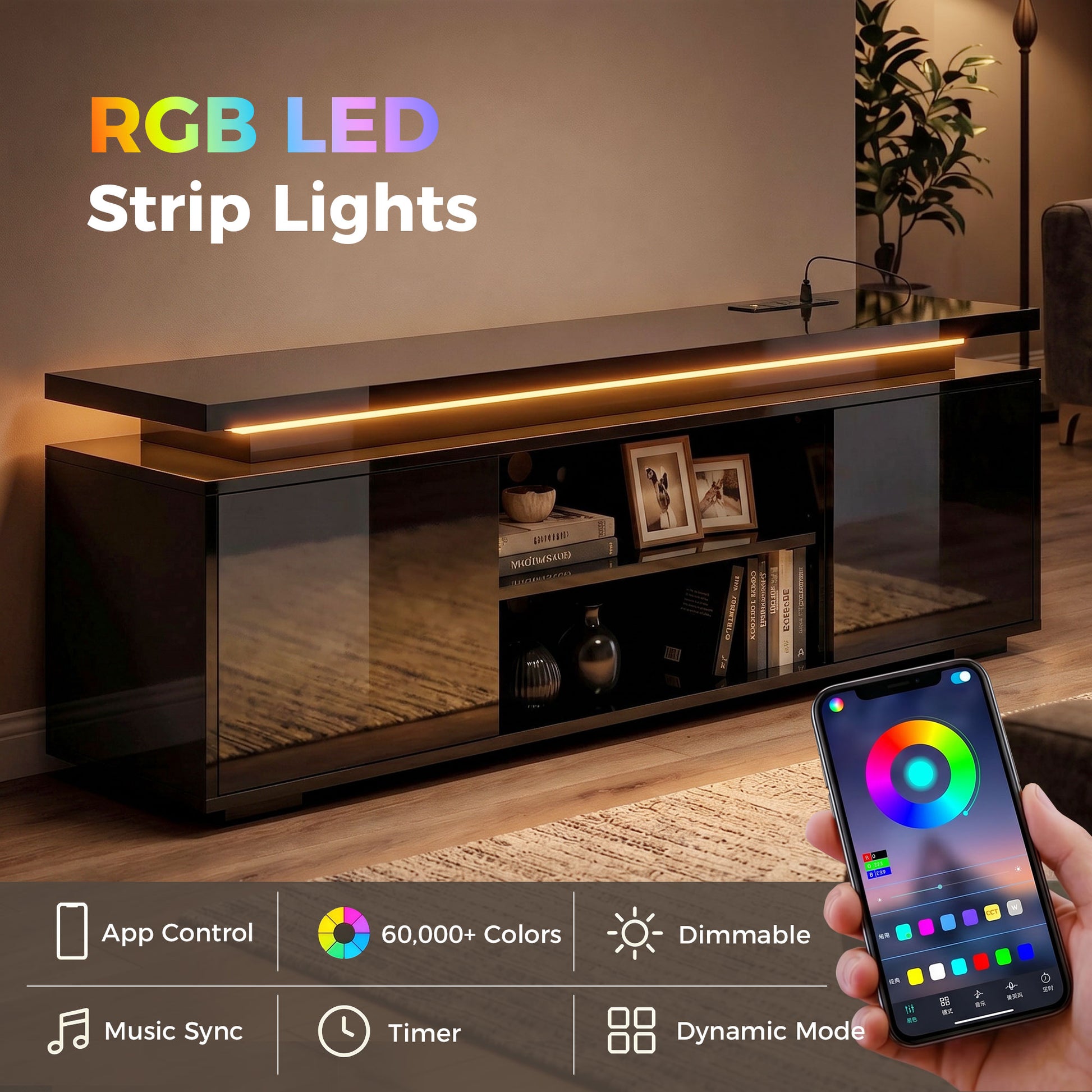 HOMCOM TV Stand LED Lights, Power Outlets, High Gloss Black