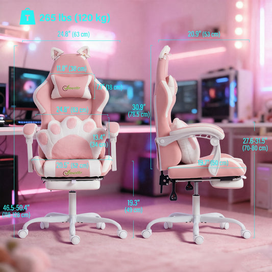 Cute Gaming Chair with Cat Ears, Gamer Computer Chair with Lumbar Support, Footrest, Pink