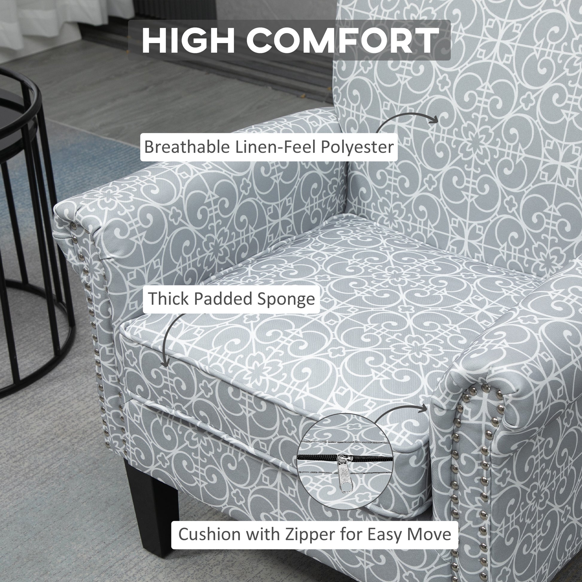 HOMCOM Modern Grey Linen Accent Chair, Rolled Arms, Nailhead Trim, Rubberwood Legs