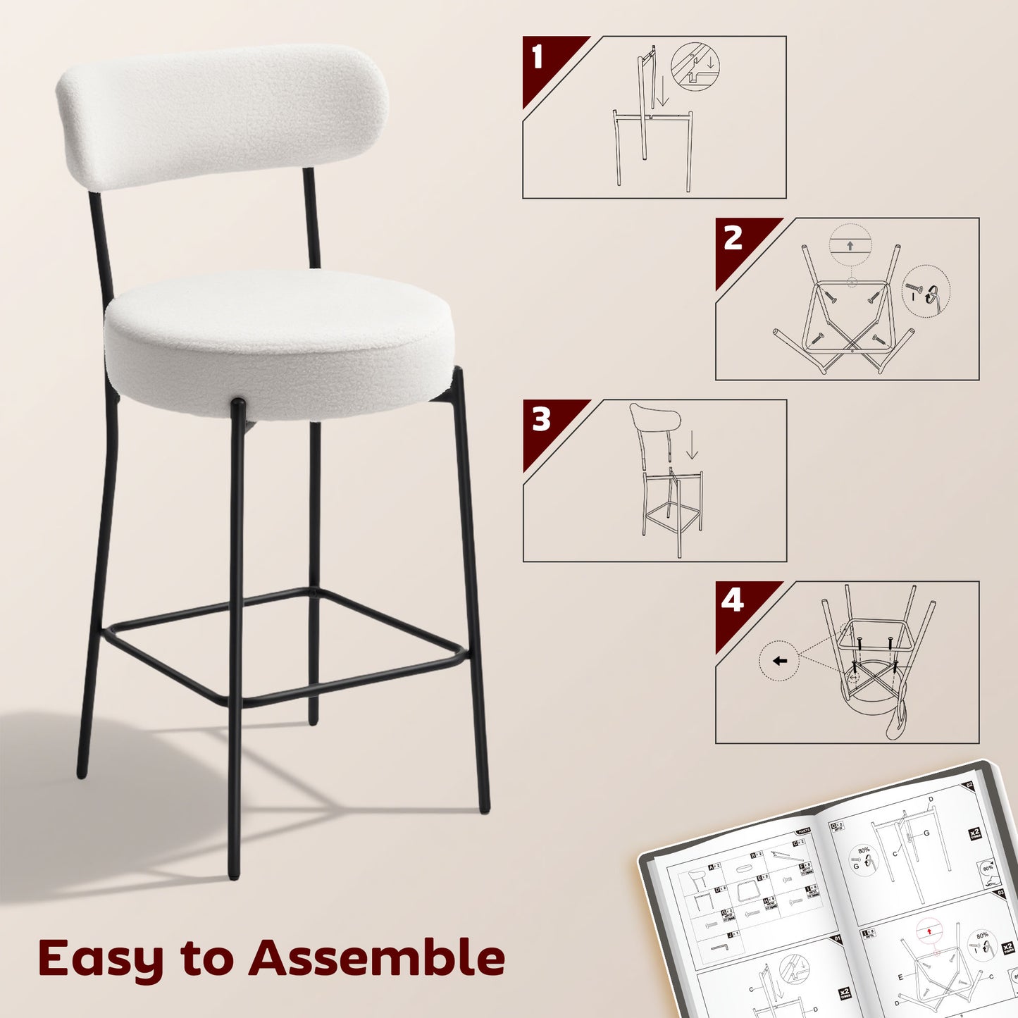 HOMCOM Set of 2 Barstools, Upholstered Bar Stools with Backrest, Footrest for Kitchen Island, Dining Room, Cream White