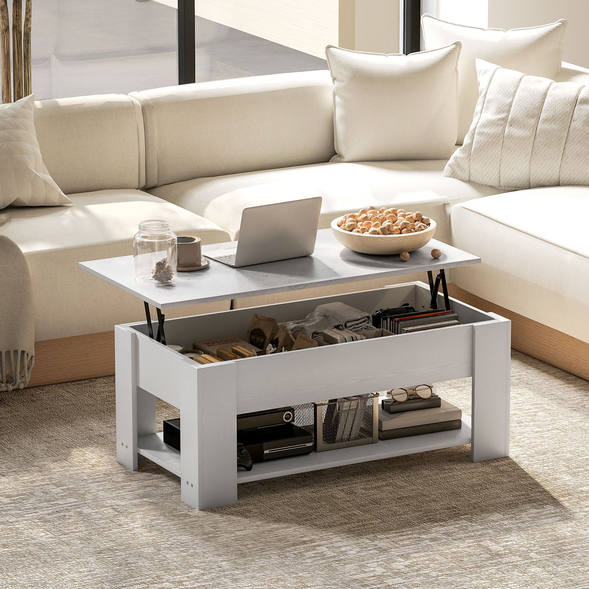 Modern White Lift Top Coffee Table with Hidden Storage and Open Shelf