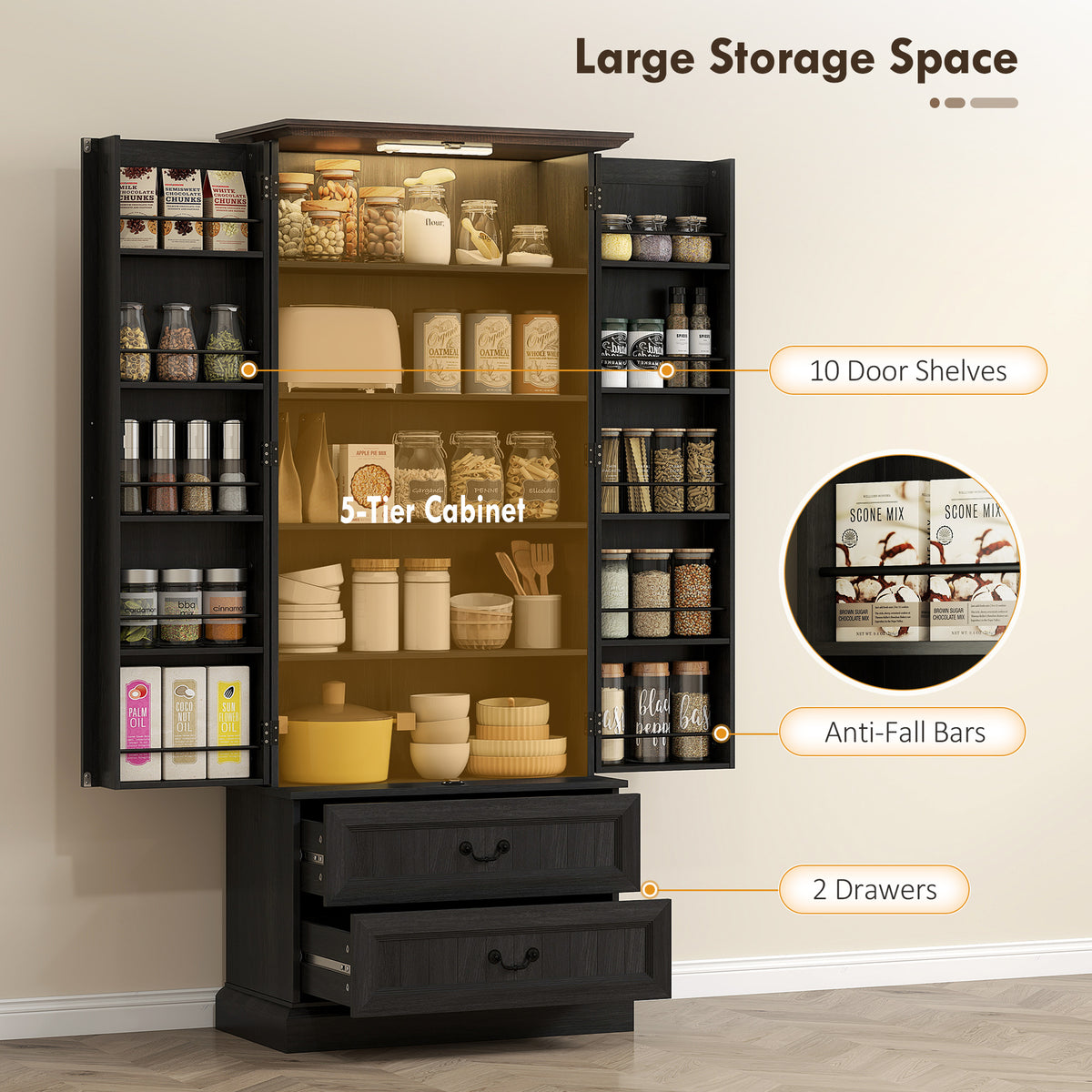 LED Kitchen Pantry Cabinet with 10 Door Shelves and 2 Drawers – 30"W x 72"H