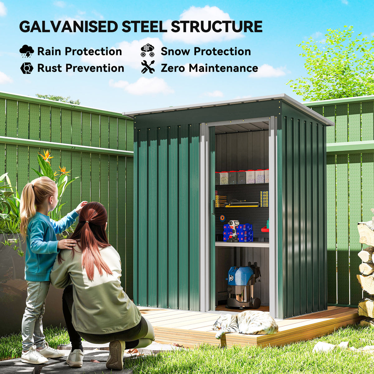 5 x 3 FT Outdoor Storage Shed with Sliding Door and Sloped Roof, Steel Frame Garden Shed Tool Equipment – Green