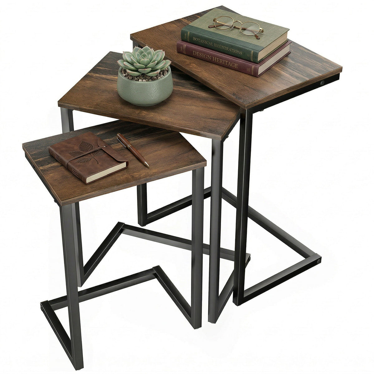 Nesting Side Tables Set of 3 – C-Shaped, Rustic Brown