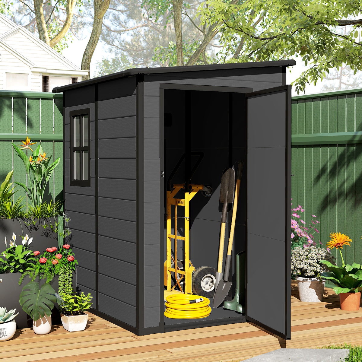 4'x5' Garden Storage Shed, Lean to Shed, Lockable Garden Tool Storage House with Window, Vent – Dark Grey