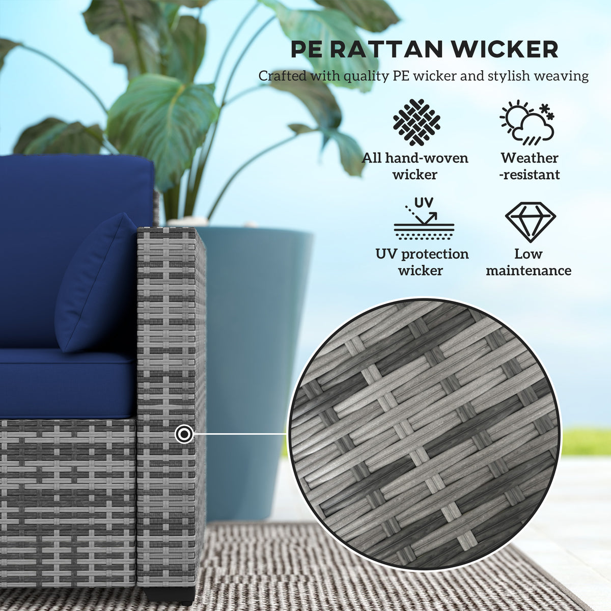 3-Seater Patio Sofa with Cushions, Rattan Conversation Set with Steel Frame & Washable Cushion Covers