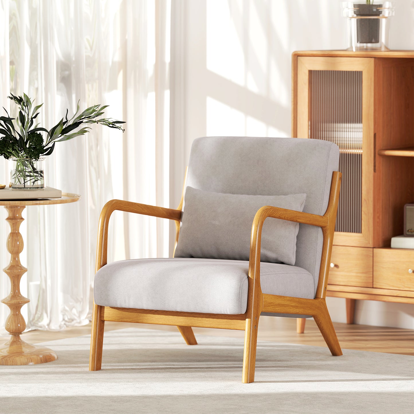 HOMCOM Grey Velvet Fabric Retro Accent Lounge Chair with Wood Legs