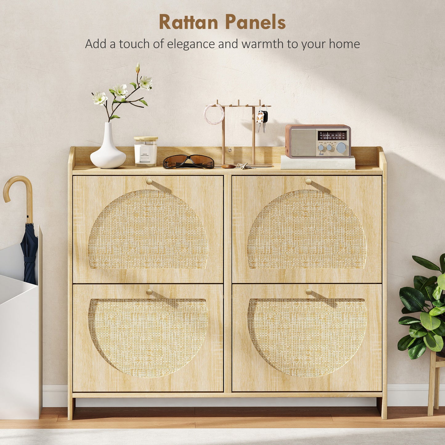 HOMCOM Natural Rattan 4-Flip Drawer Shoe Cabinet, Adjustable Shelves, Stores 16 Pairs