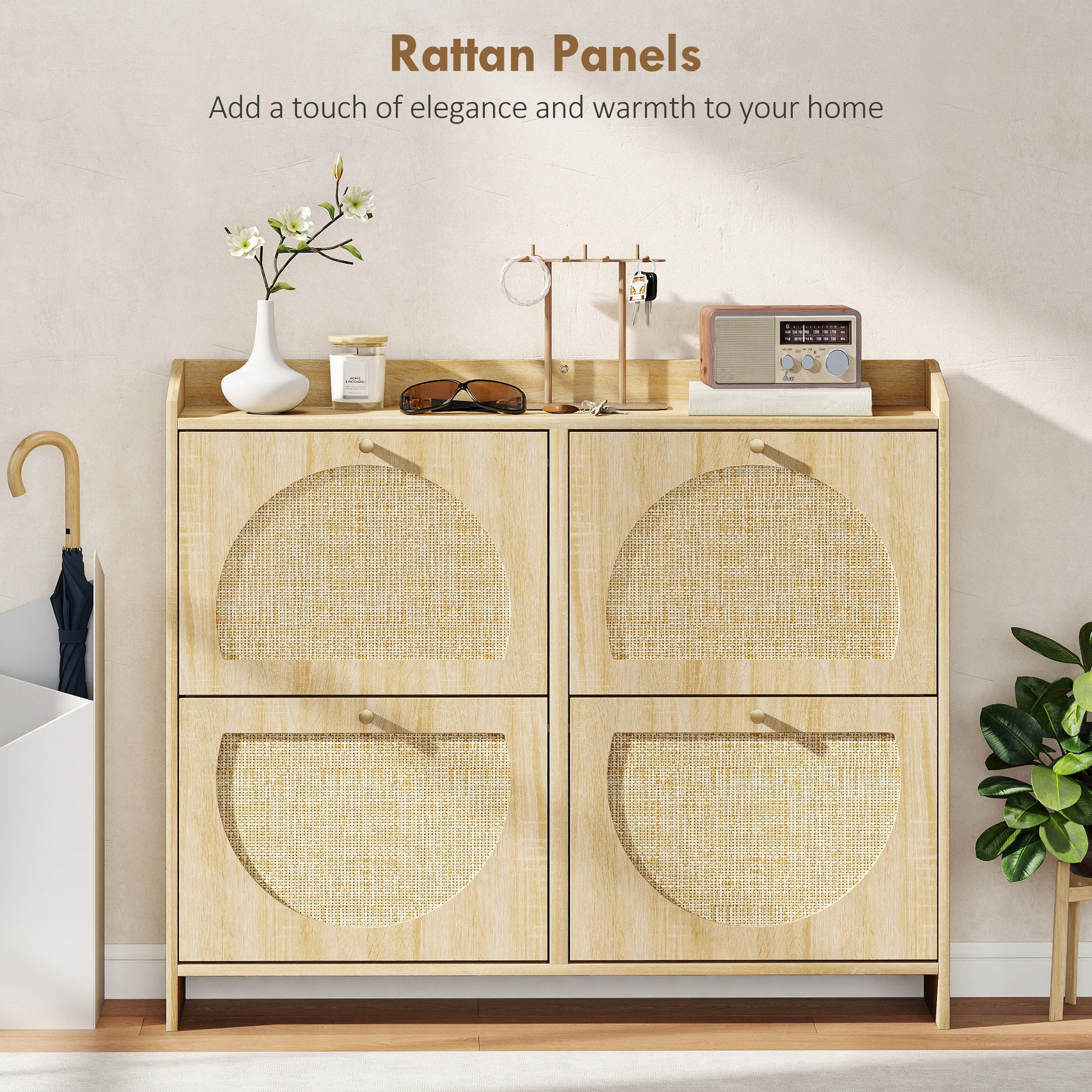 HOMCOM Natural Rattan 4-Flip Drawer Shoe Cabinet, Adjustable Shelves, Stores 16 Pairs