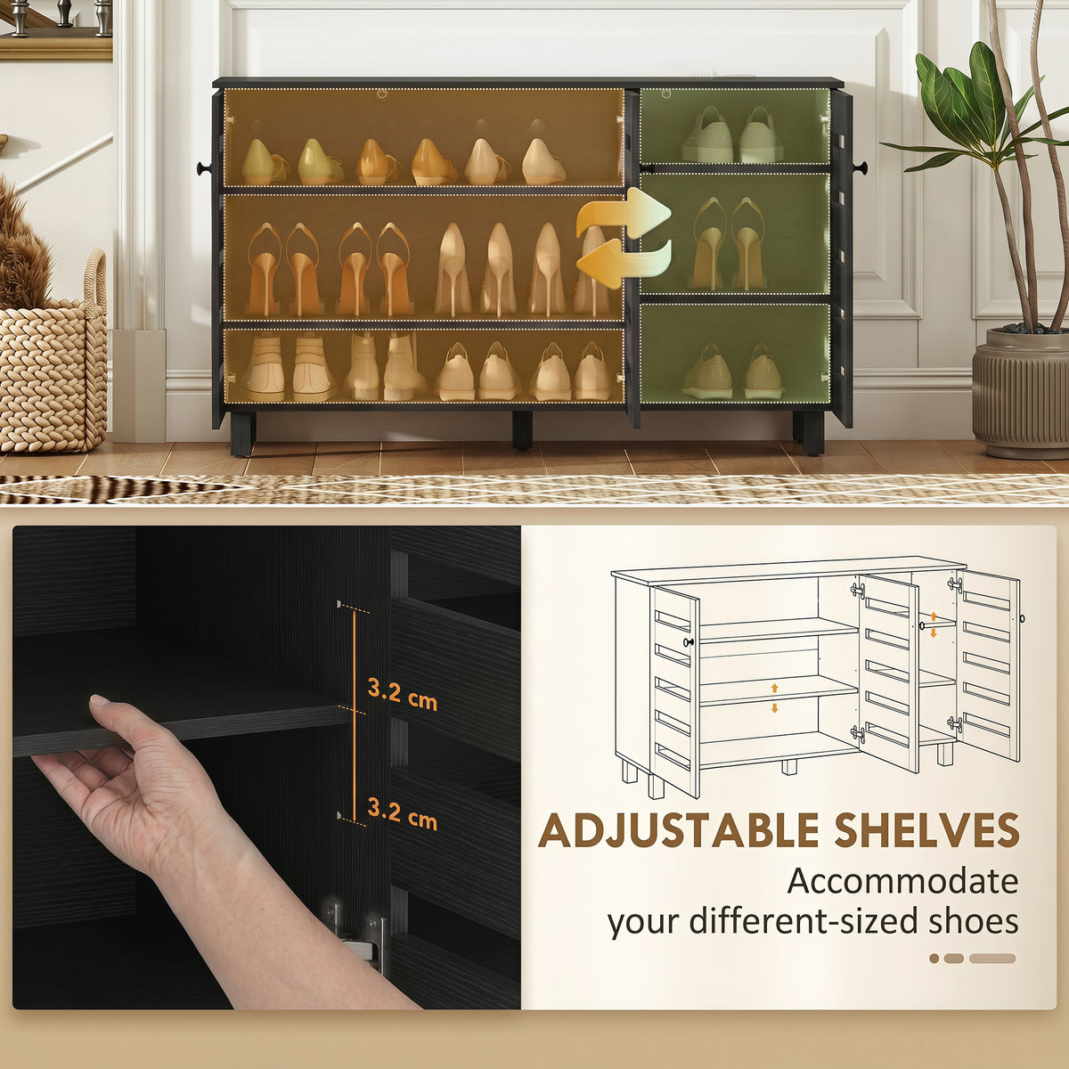 Shoe Cabinet with 3 Slatted Doors – 44"W x 26"H