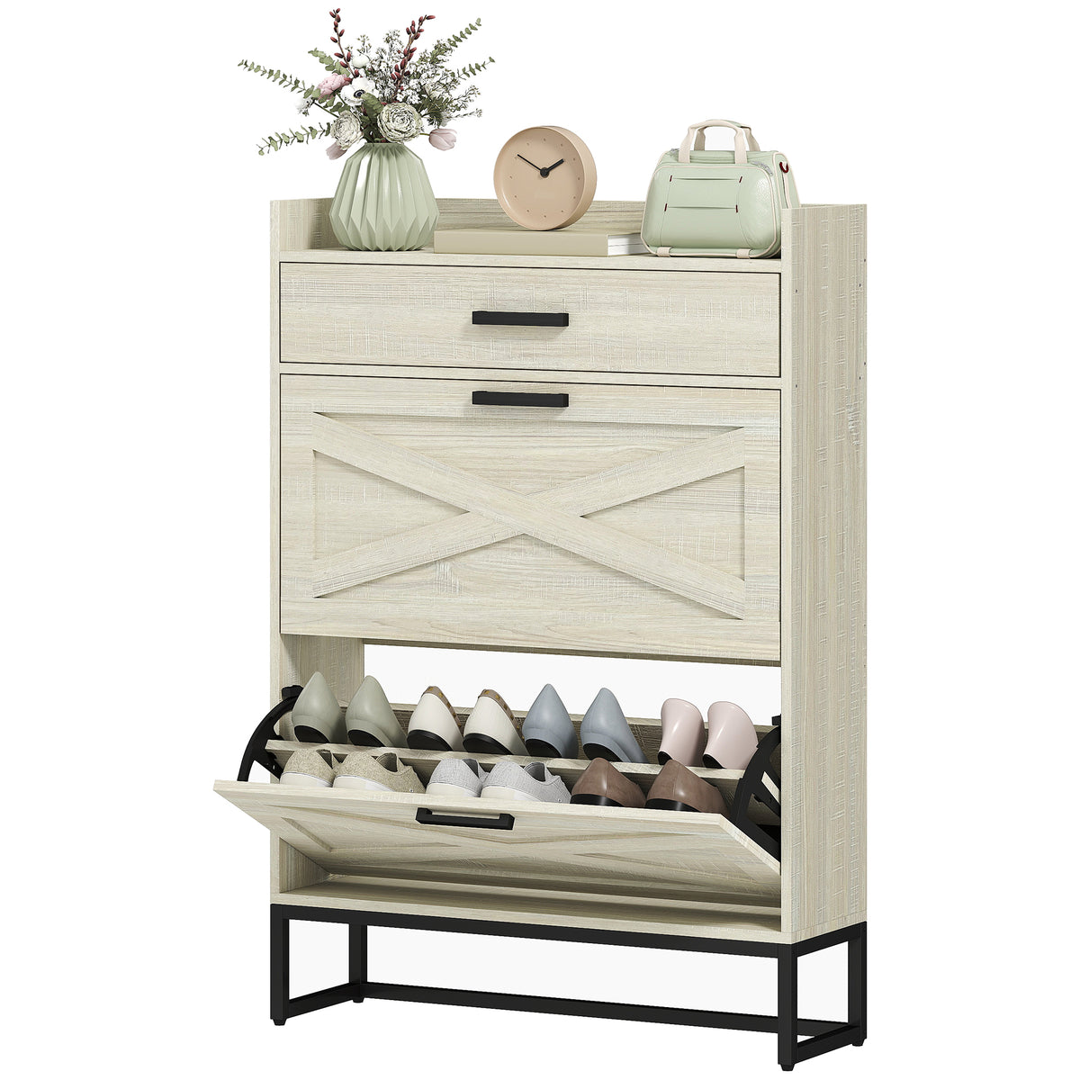 Slim Shoe Storage with 2 Flip Drawers and Adjustable Shelves – 32"W x 45"H
