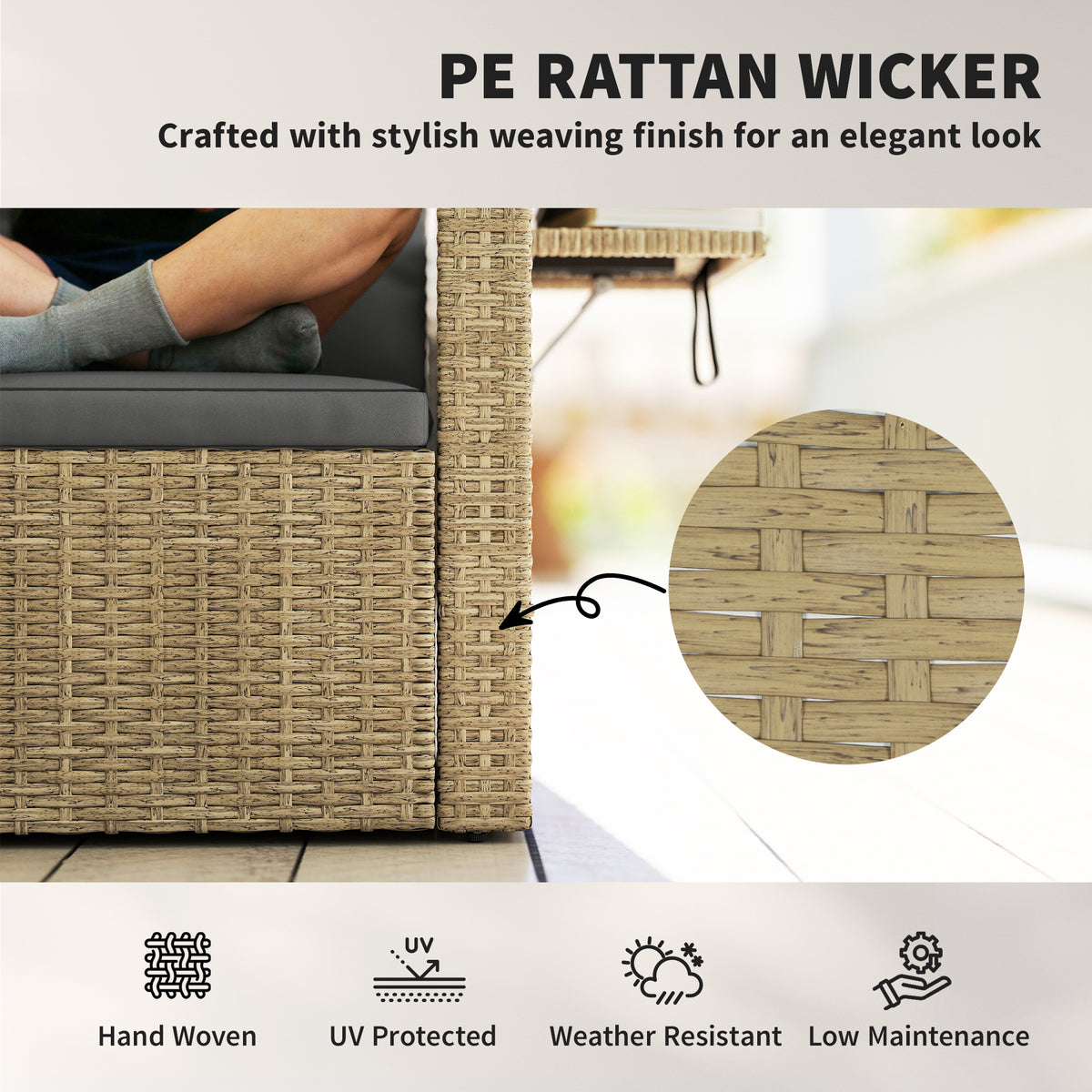 Wicker Outdoor Sofa with Side Trays, Rattan Patio Loveseat with Cushions for Garden Balcony
