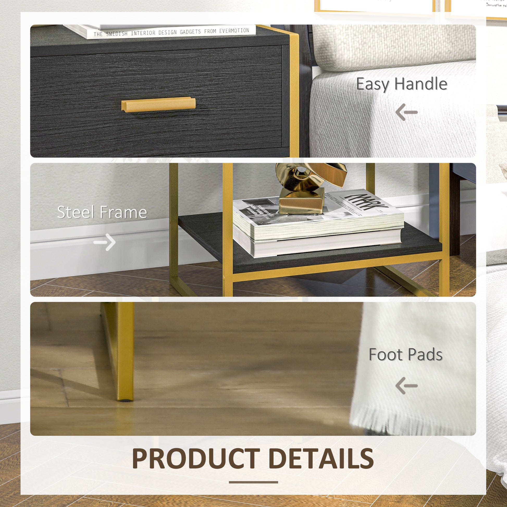 HOMCOM Modern Black Nightstand Set: Drawer, Shelf, Steel Frame