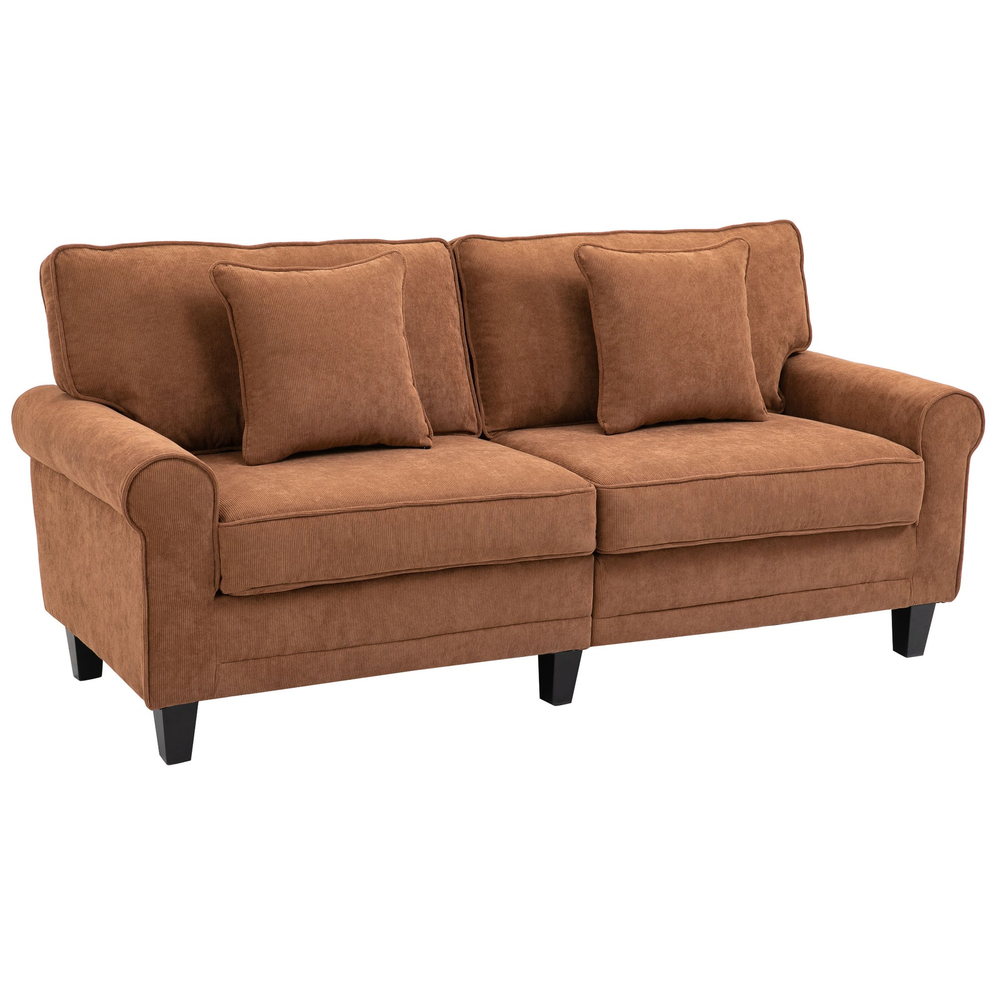 Modern Classic 3-Seater Corduroy Fabric Sofa with Pine Wood Legs, Rolled Arms, Brown