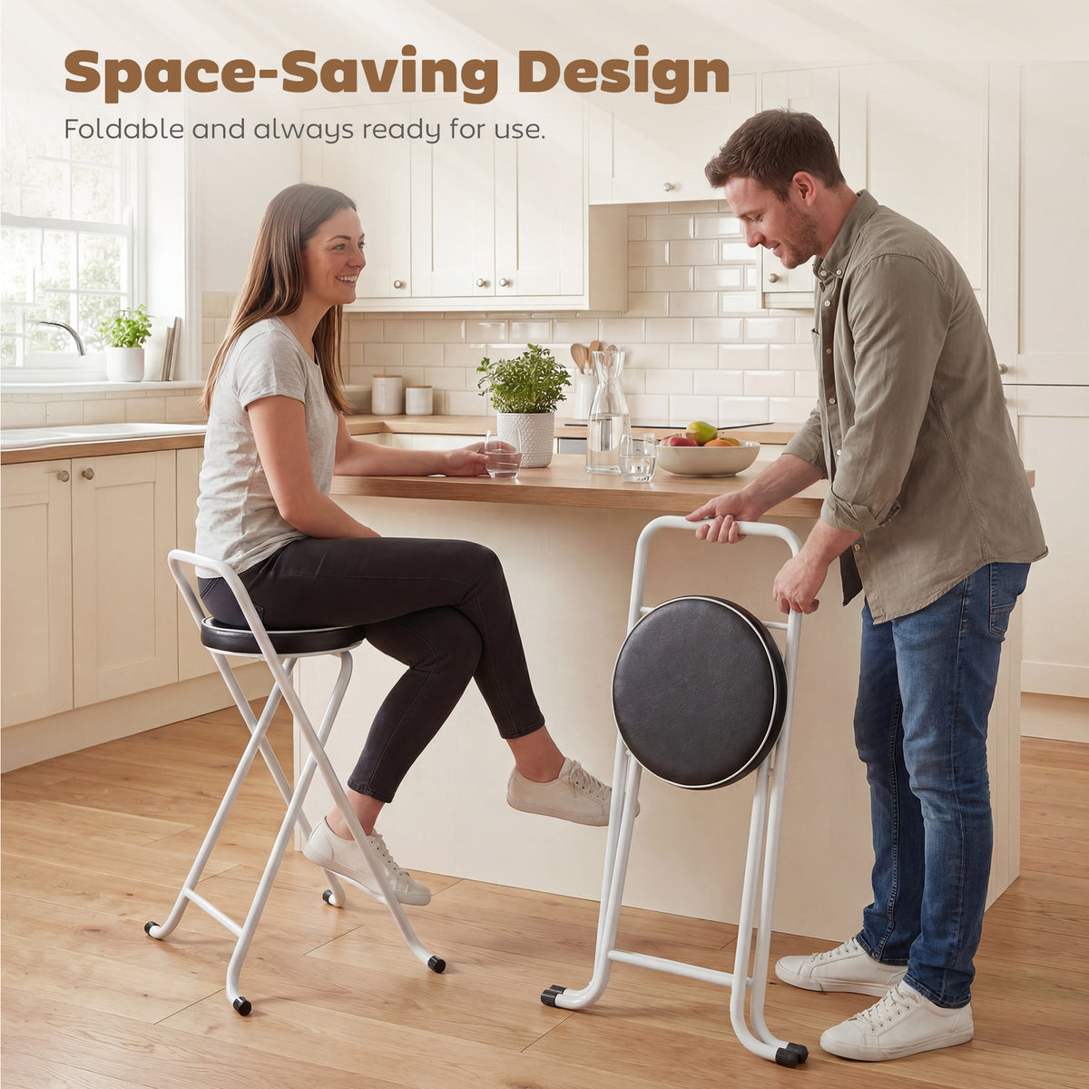 Foldable Bar Stools with Cushioned Seat and Footrest, Set of 2, Black