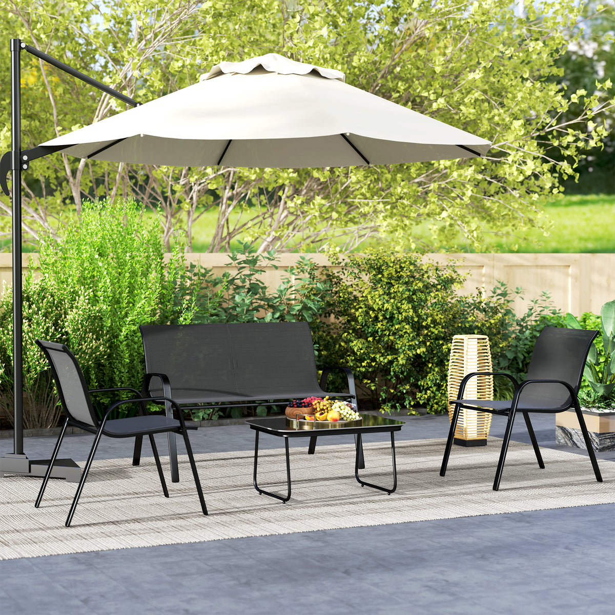 4 Pieces Outdoor Furniture Set with 2 Stackable Chairs, Loveseat, Patio Conversation Set with Glass Coffee Table