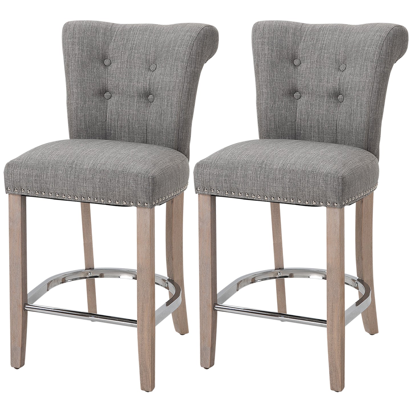 HOMCOM Grey Linen Counter Bar Stools, Set of 2, Solid Wood Legs