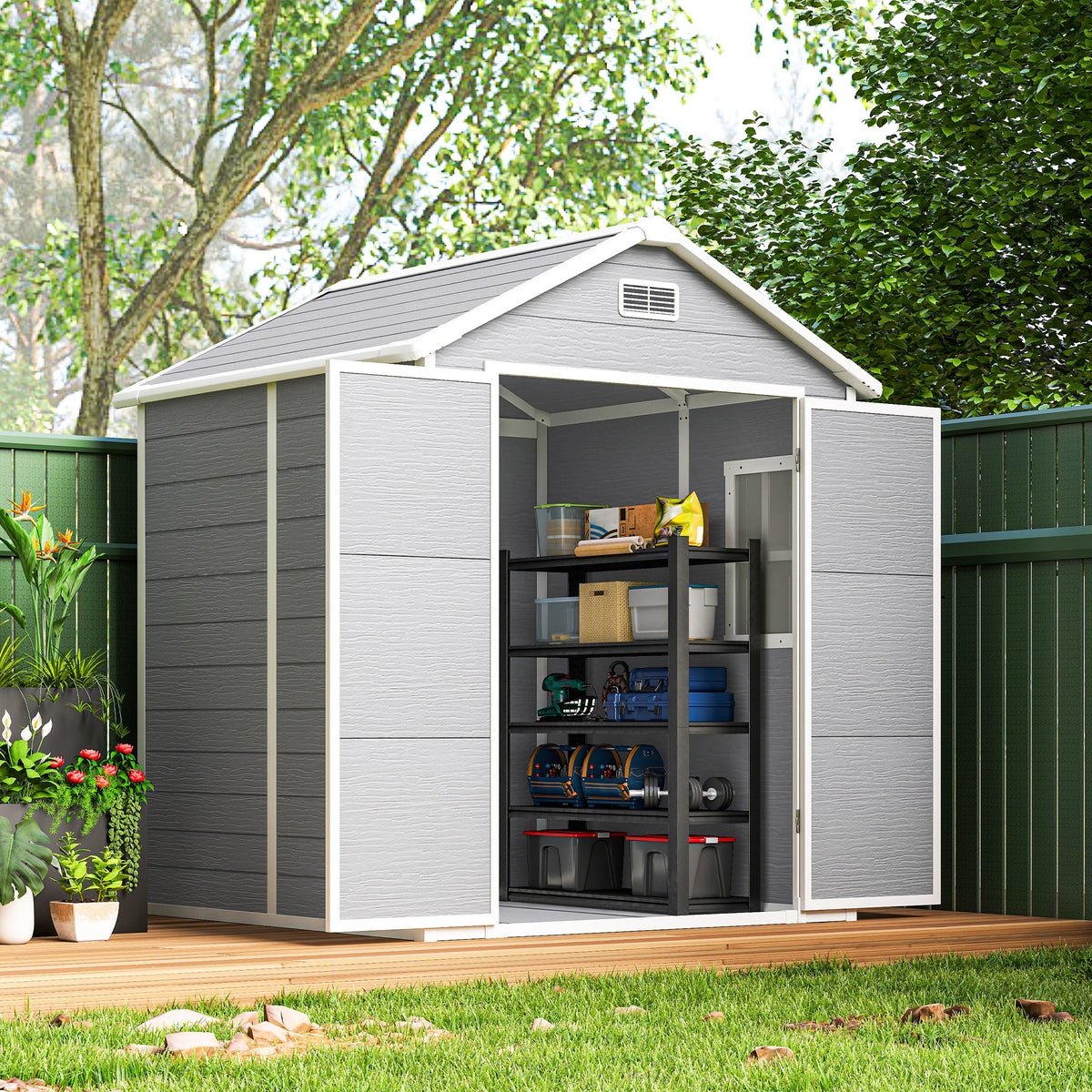 6x5 Plastic Garden Shed, Outdoor Storage Shed with Floor, Window, Lockable Doors and Vents