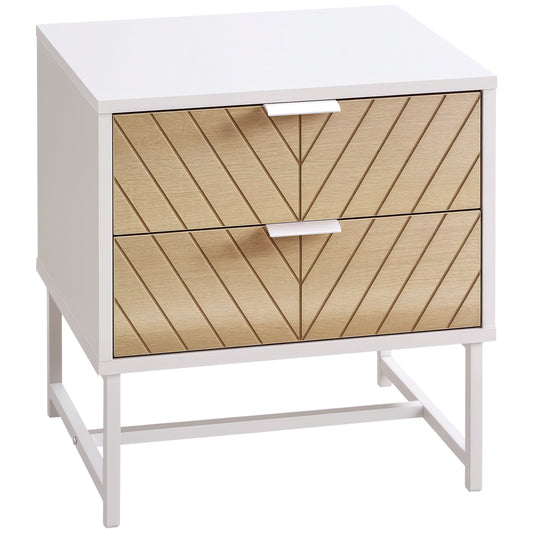Modern White Oak Bedside Table with 2 Drawers, Steel Frame, 45cm Wide Nightstand