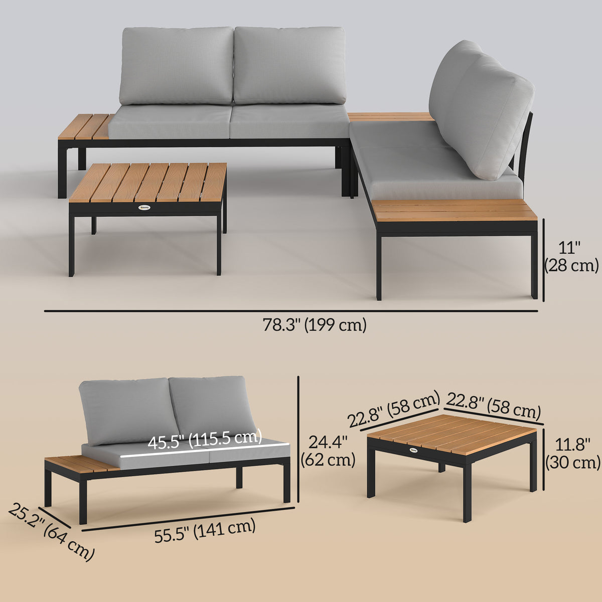 4 Piece L Shaped Garden Furniture Set, 4 Seater Outdoor Corner Garden Set, 2 Loveseats, 2 Coffee Tables