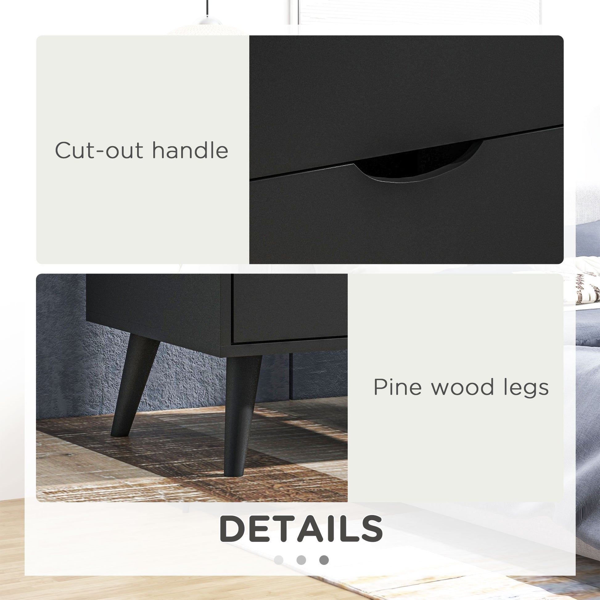 HOMCOM Modern Black Nightstand with Two Drawers, Solid Pine Wood Legs