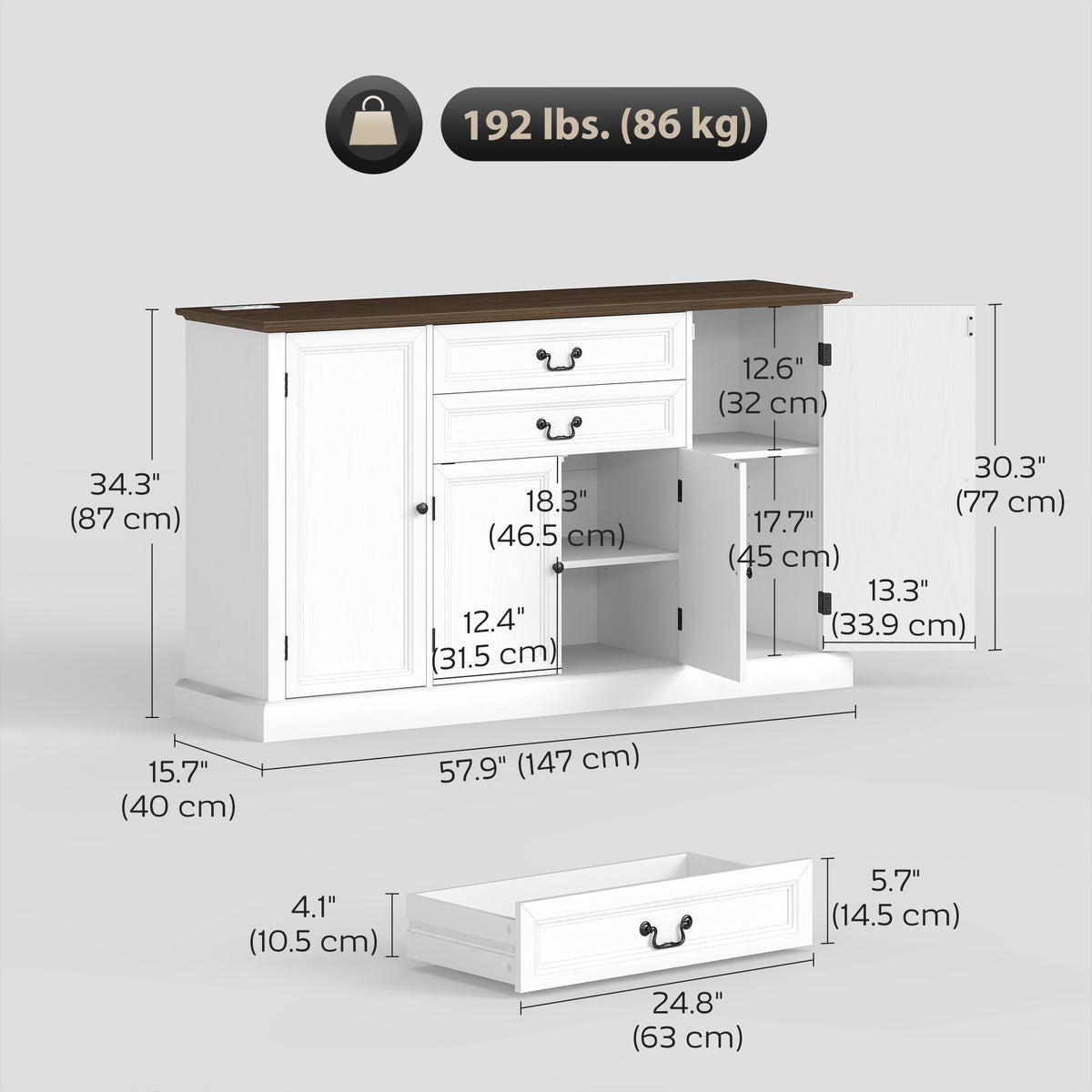 Farmhouse Sideboard with Charging Station and Thickened Top – 58"W x 34"H