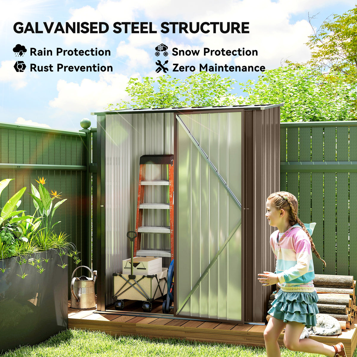 5' x 3' Outdoor Storage Shed, Steel Garden Shed with Single Lockable Door, Tool Storage Shed for Backyard – Brown