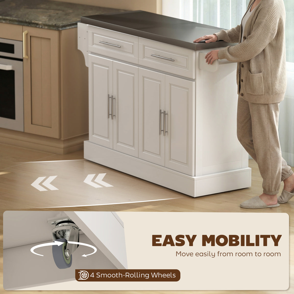 Kitchen Island with Stainless Steel Top – 57"W x 36"H
