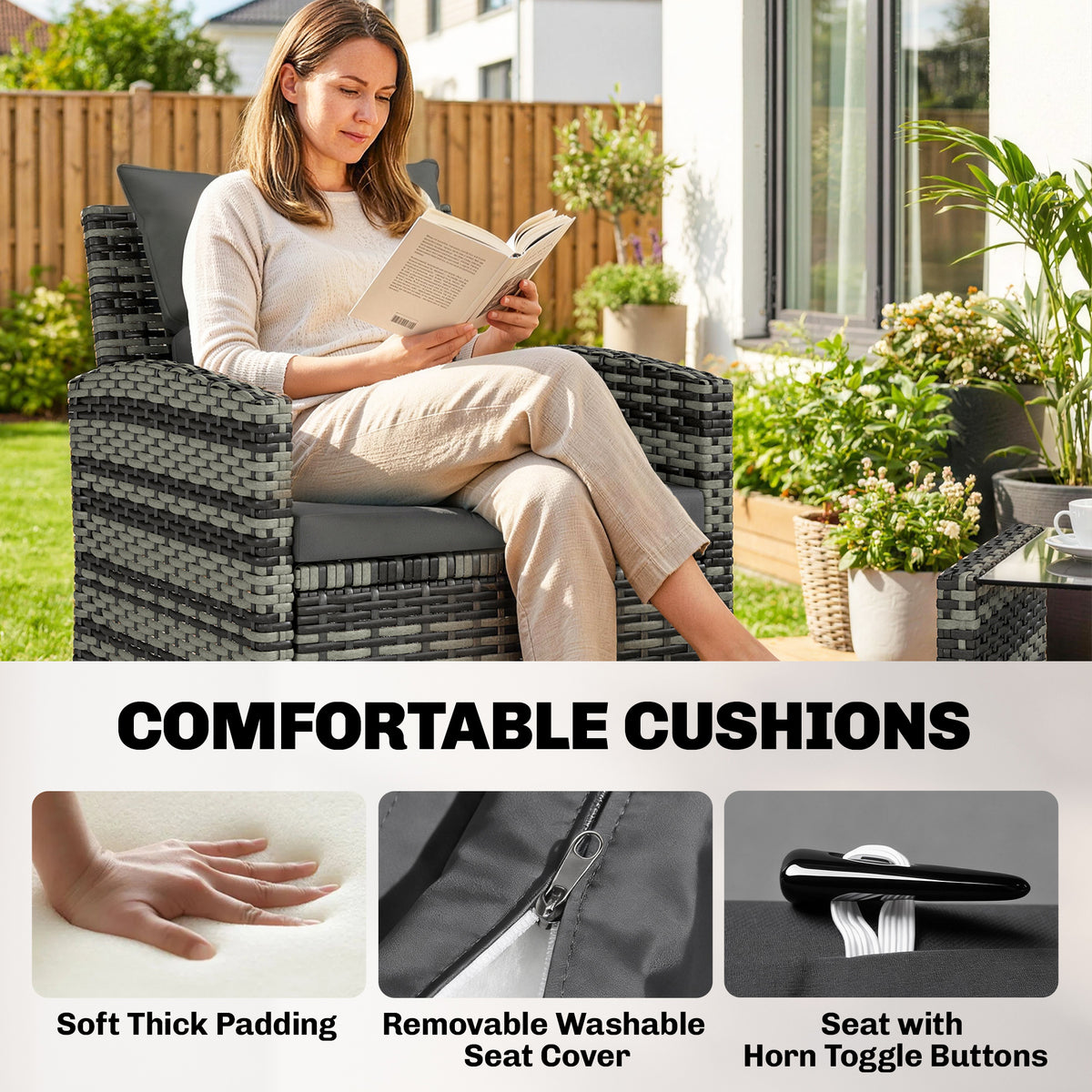 4-Piece Outdoor Wicker Patio Furniture Conversation Set, Includes Loveseat, Chairs and 2-Tier Table with Cushions, Modern Rattan Sofa Set for Backyard – Dark Grey