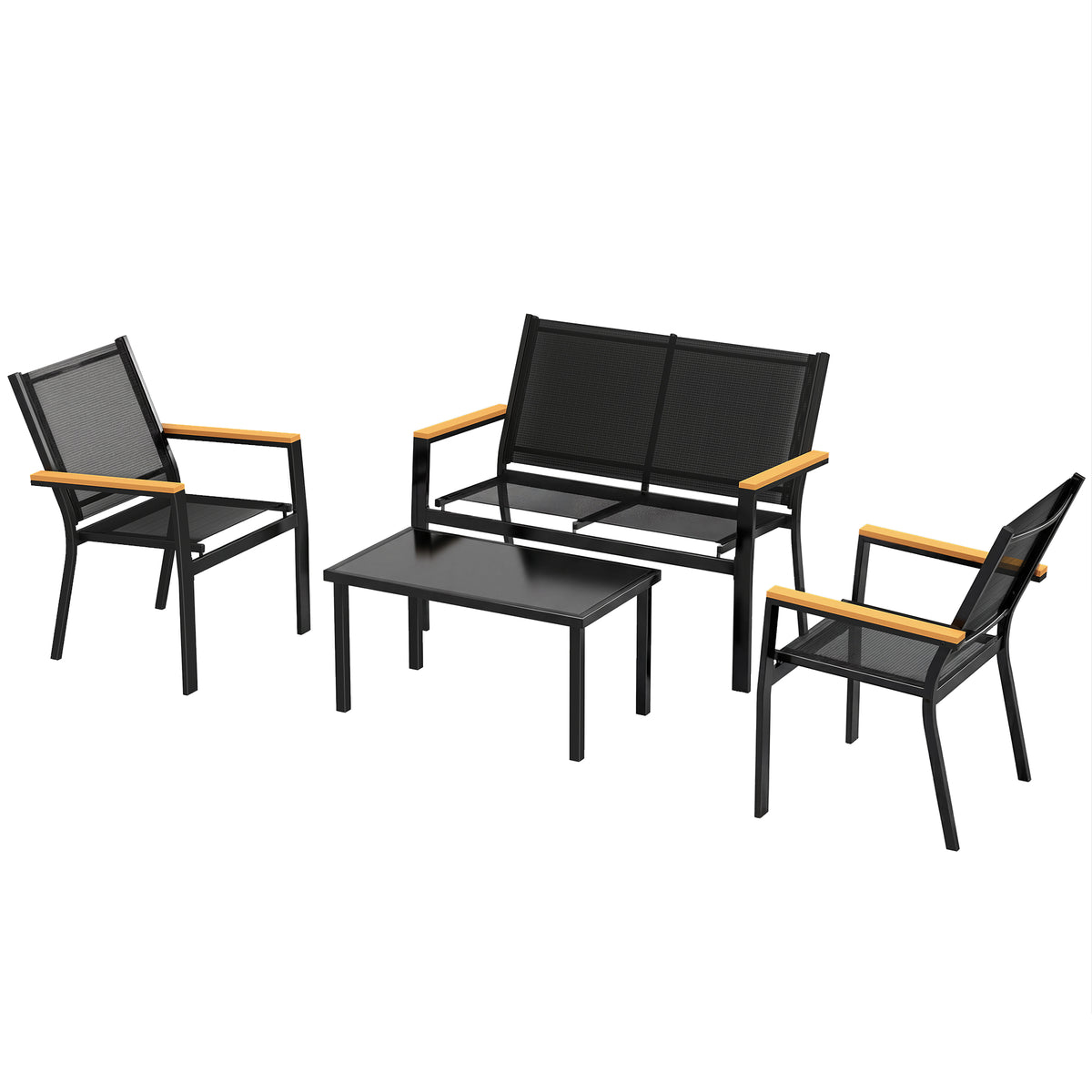 Outdoor 4 Piece Set Patio Furniture with Sofa, Tempered Glass Tabletop for Garden Backyard Porch