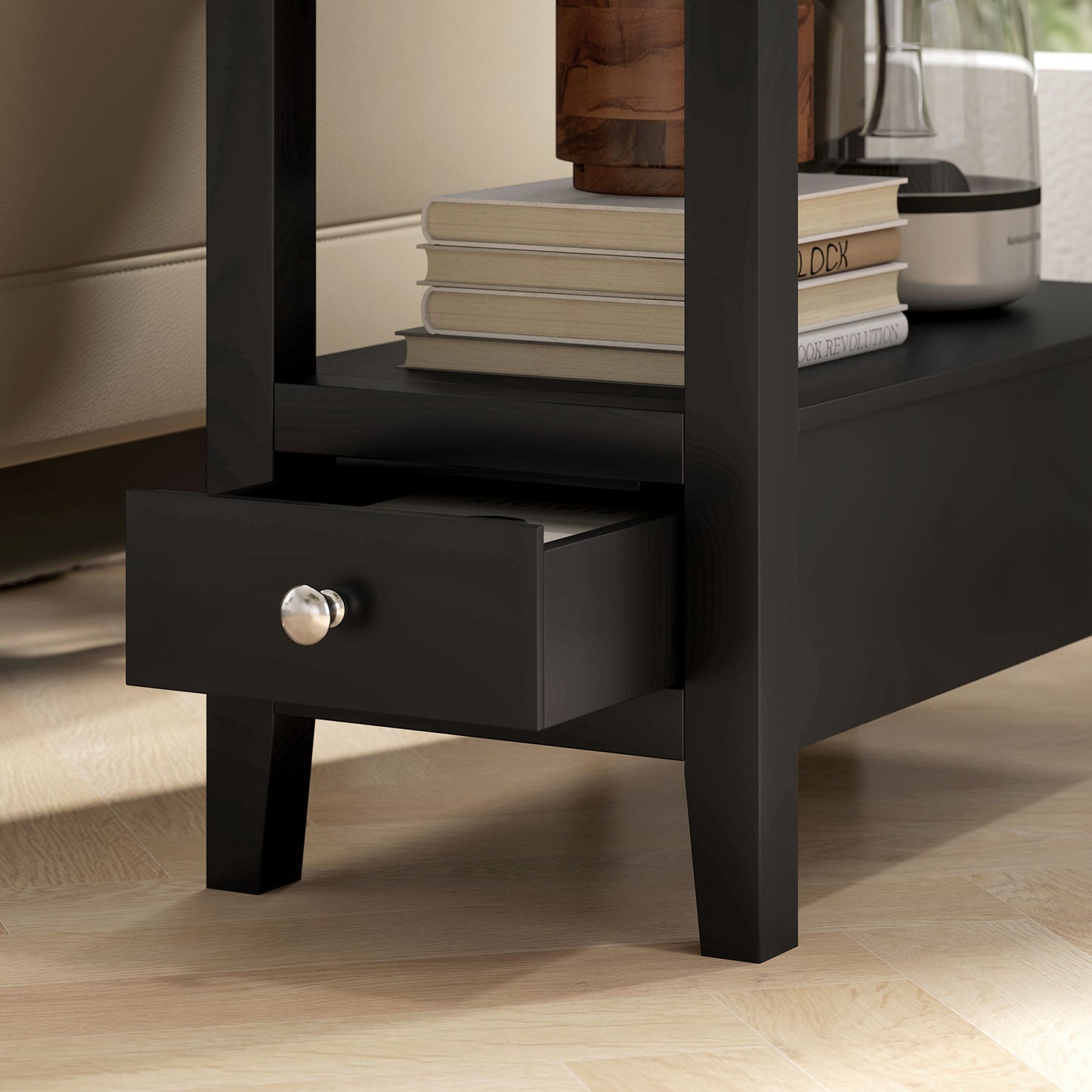 HOMCOM Narrow Side Table: Charging Station, USB, Storage Drawers, Black