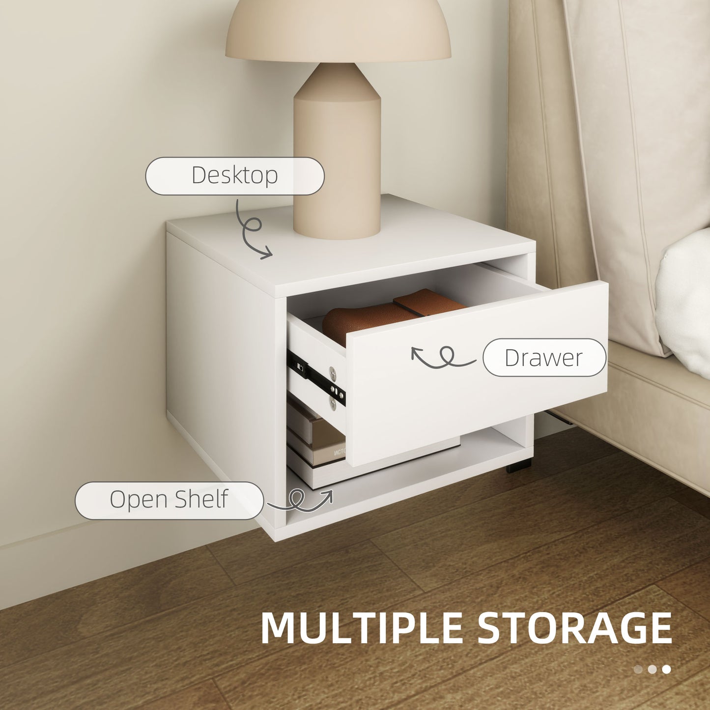 Modern White Floating Wall Mounted Nightstands Set of 2 with Drawer for Bedroom