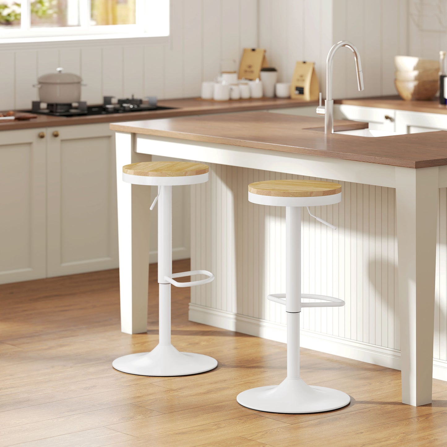 HOMCOM Wood Barstools Set of 2 Swivel Adjustable Height