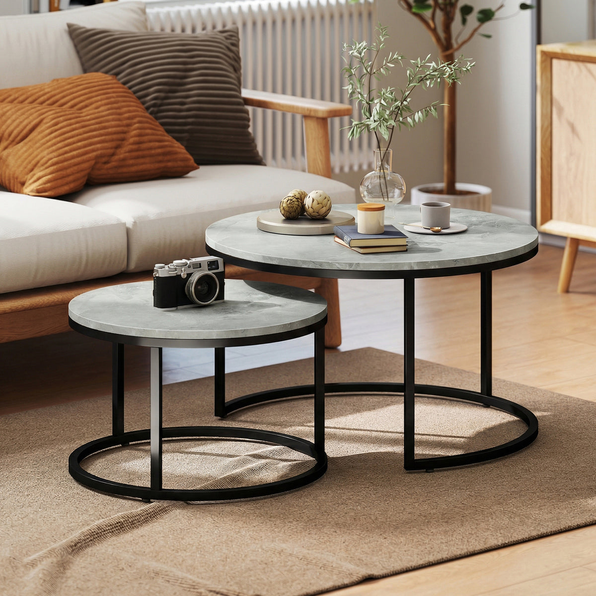 Round Nesting Coffee Table Set of 2, Marble-Effect Top, Metal Base, Grey