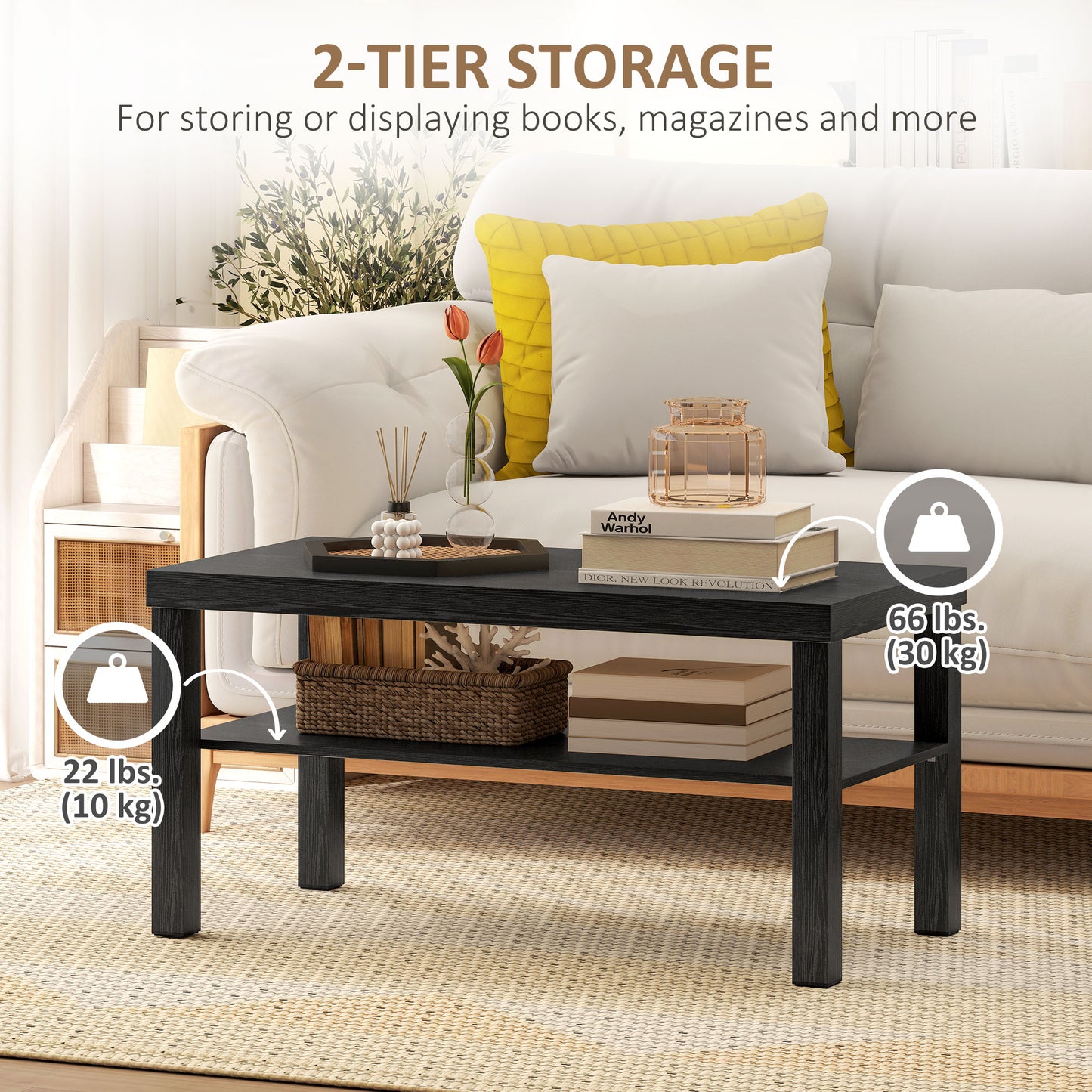 HOMCOM Modern Black 2-Tier Rectangular Coffee Table with Storage Shelf