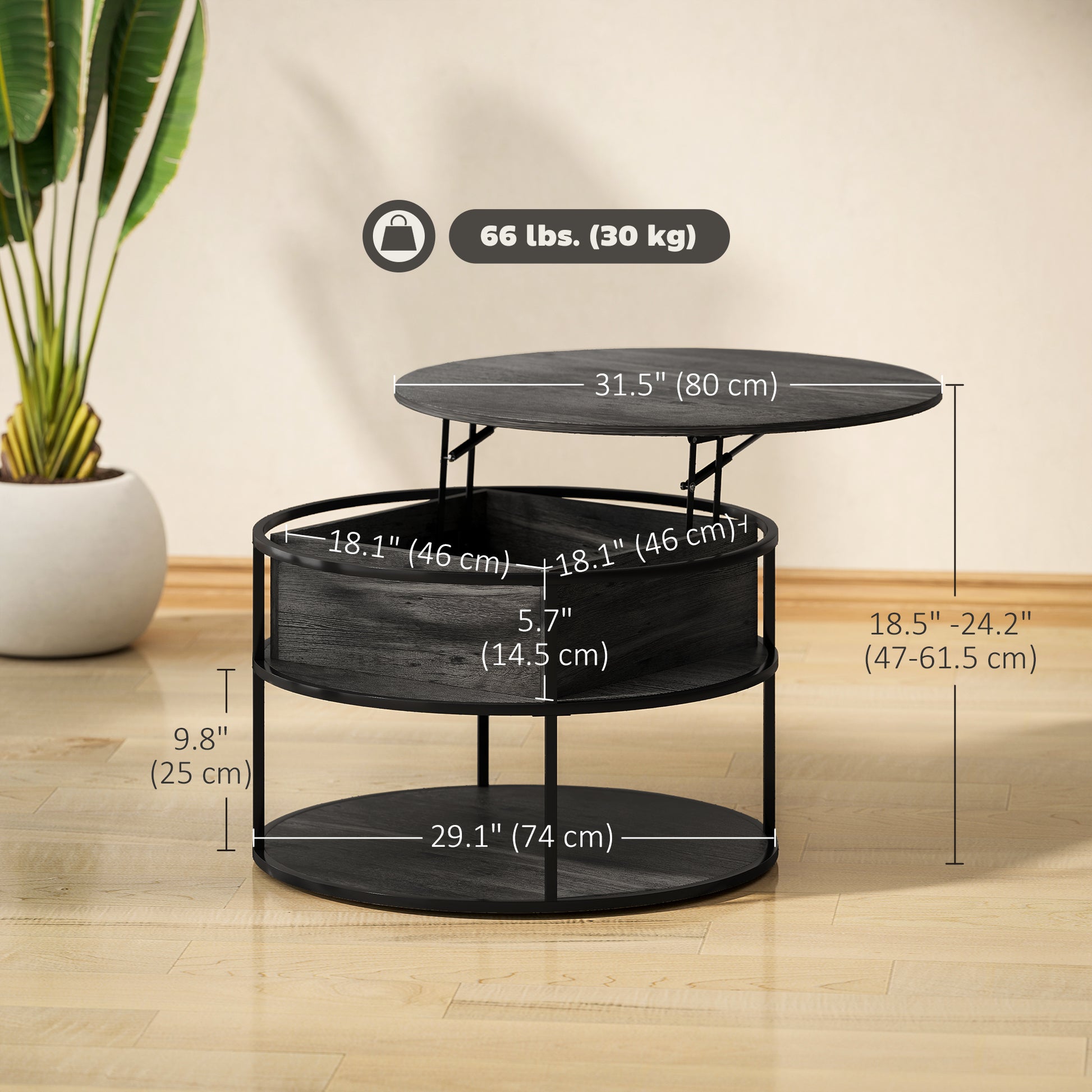 HOMCOM Round Lift Top Coffee Table with Hidden Storage & Steel Frame