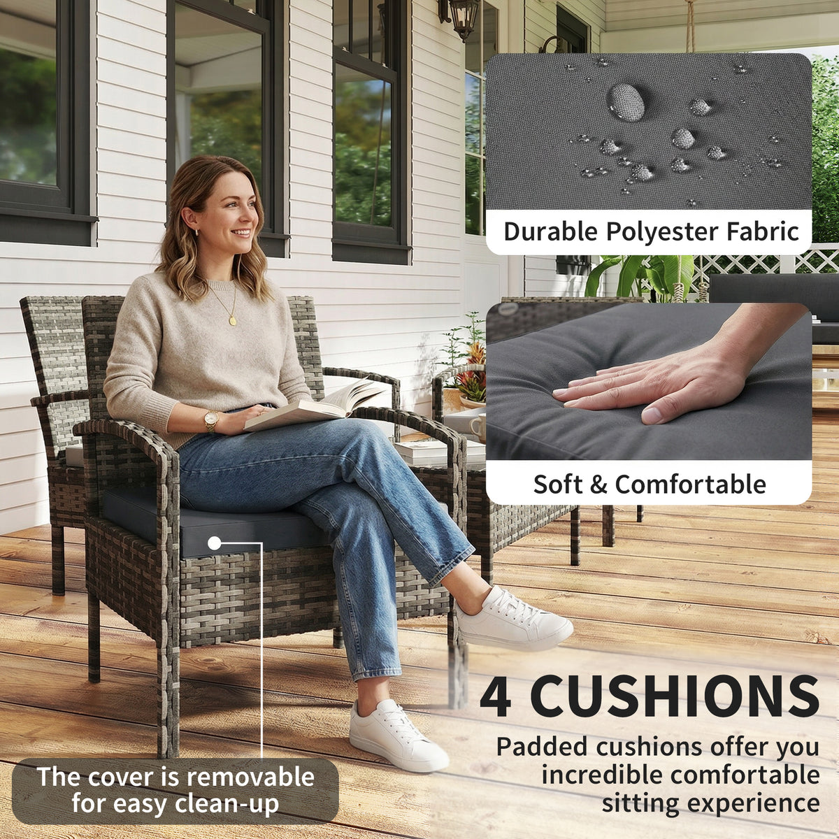 4 Pieces Patio Furniture Set with A Loveseat, Two Armchairs and A Coffee Table, Outdoor Conversation Set – Dark Grey